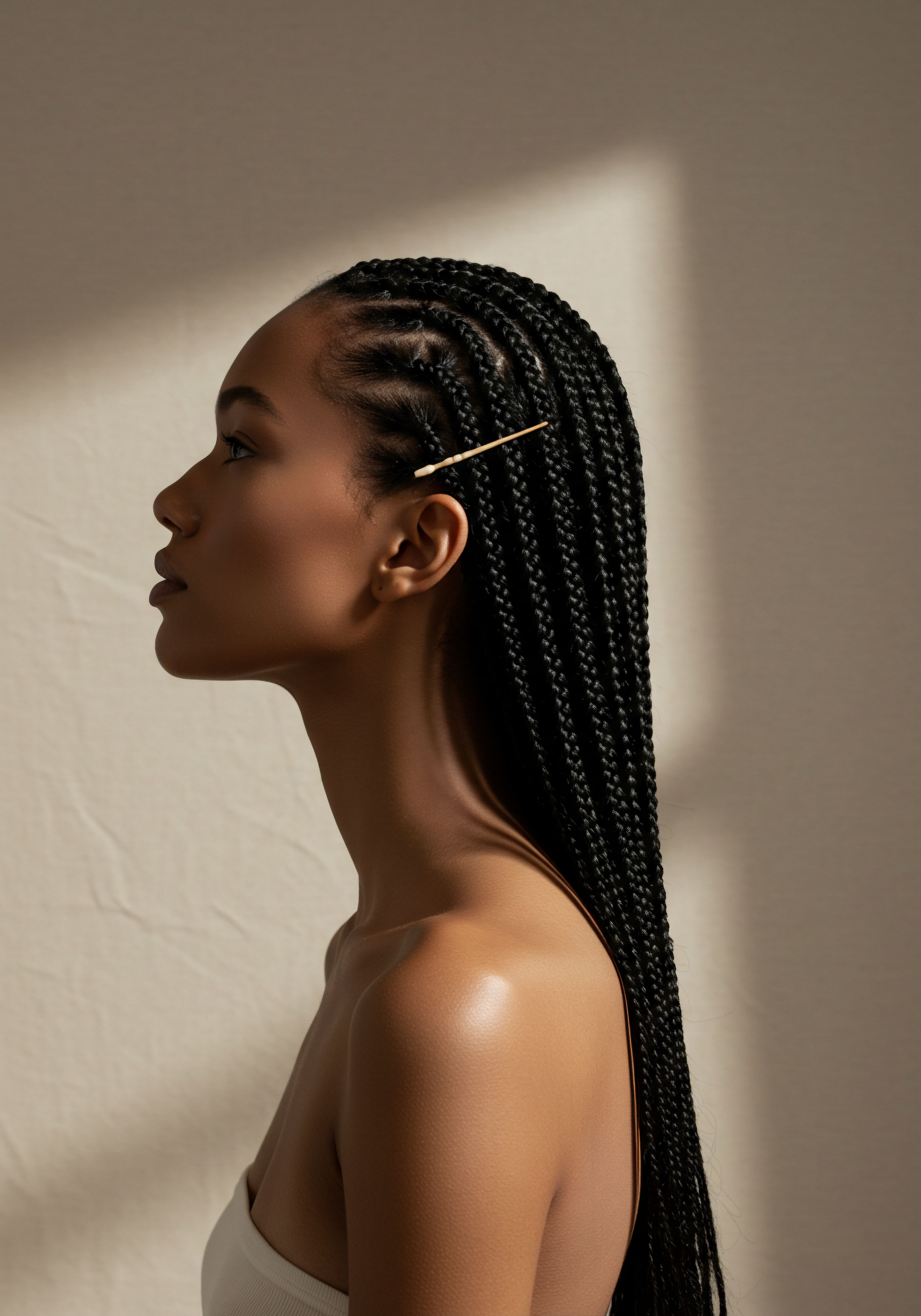 Black Braided Textured Hair Showcasing Protective Styling and Heritage Captivating profile showcases classic black box braids, a protective style for textured hair. This reflects ancestral heritage and meticulous care, ensuring strand integrity, scalp health, and moisture retention. This low-manipulation styling embodies true hair vitality.
