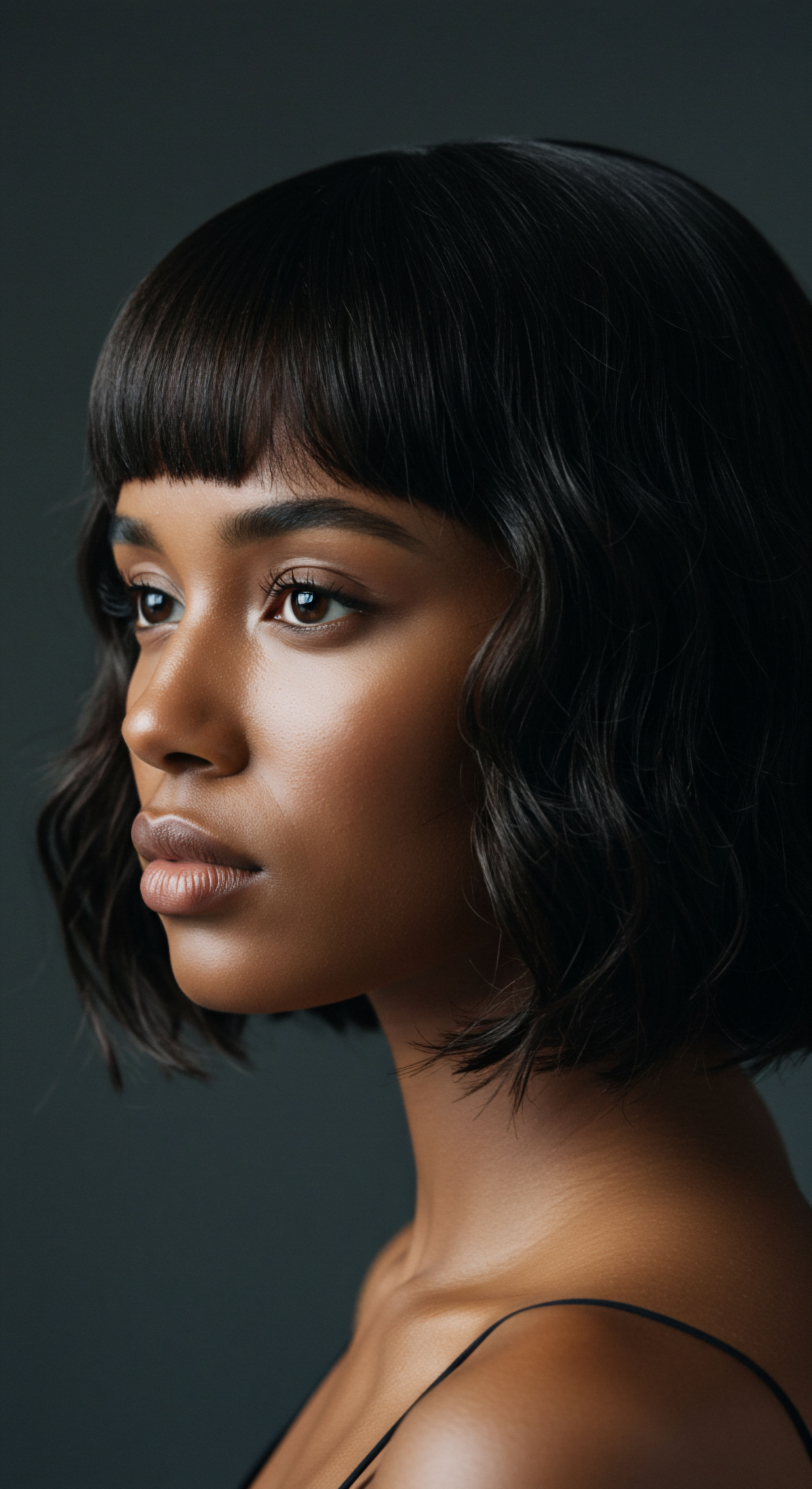 Black Hair Radiant Shine Defined Pattern Styling Hair Care Captivating luminous profile displaying radiant Black Hair. Its sleek, defined texture and chic bob styling highlight exceptional moisture retention and optimal nourishment. This beautifully embodies meticulous hair care, celebrating rich heritage and vibrant natural beauty.