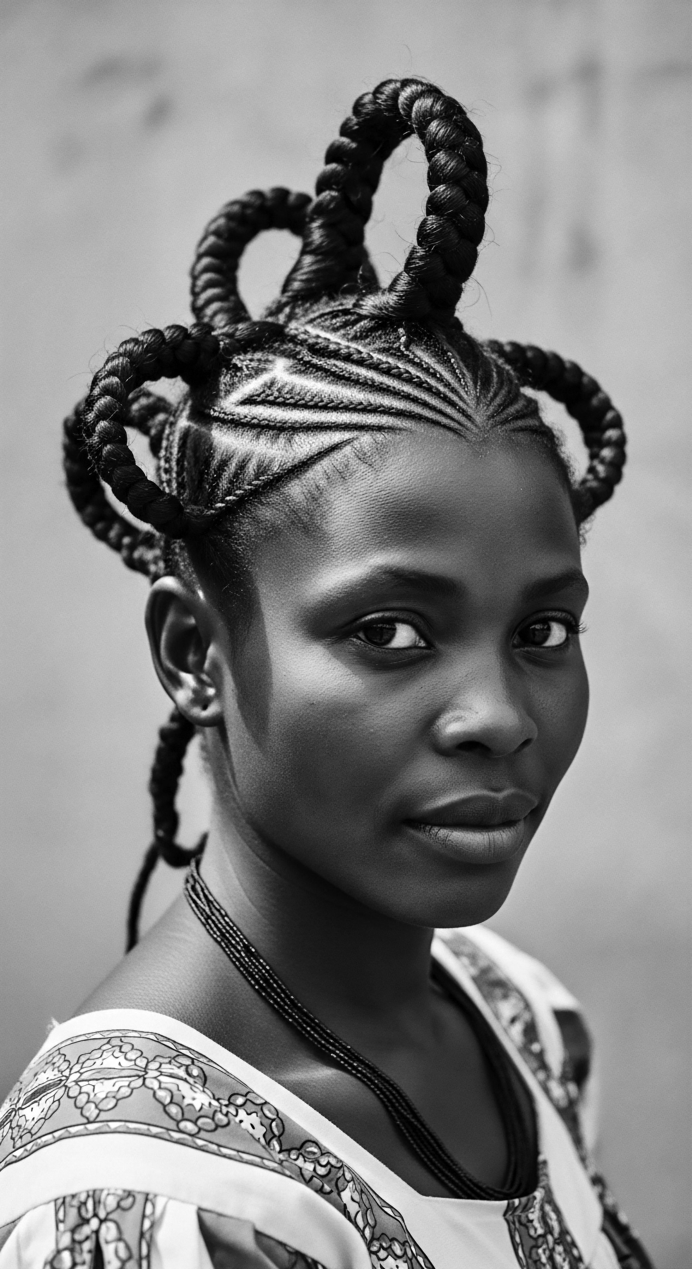 Black Woman Portrait Artistic Braided Hairstyle Textured Hair Expressions Heritage The braided hairstyle, a celebration of textured hair's artistic potential, reflects cultural legacy and personal expression. This captivating portrait invites contemplation on ancestral heritage, beauty standards and wellness while conveying an authentic narrative of identity through artful styling.