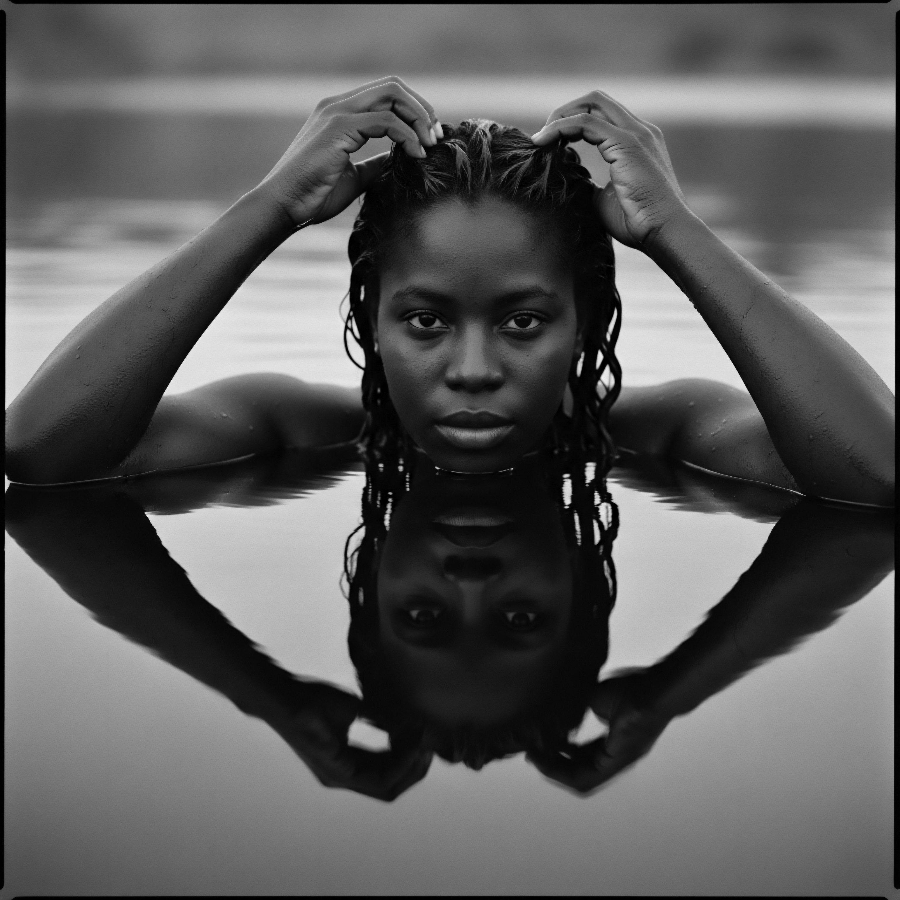 Black Woman Water Immersion Introspection Reflections On Textured Hair Heritage The portrait evokes heritage, wellness, and the profound relationship between Black womanhood and textured hair care. The composition resonates with introspective thoughts on hair identity, celebrating the beauty of natural formations while embracing holistic approaches and ancestral roots in maintaining healthy hair.