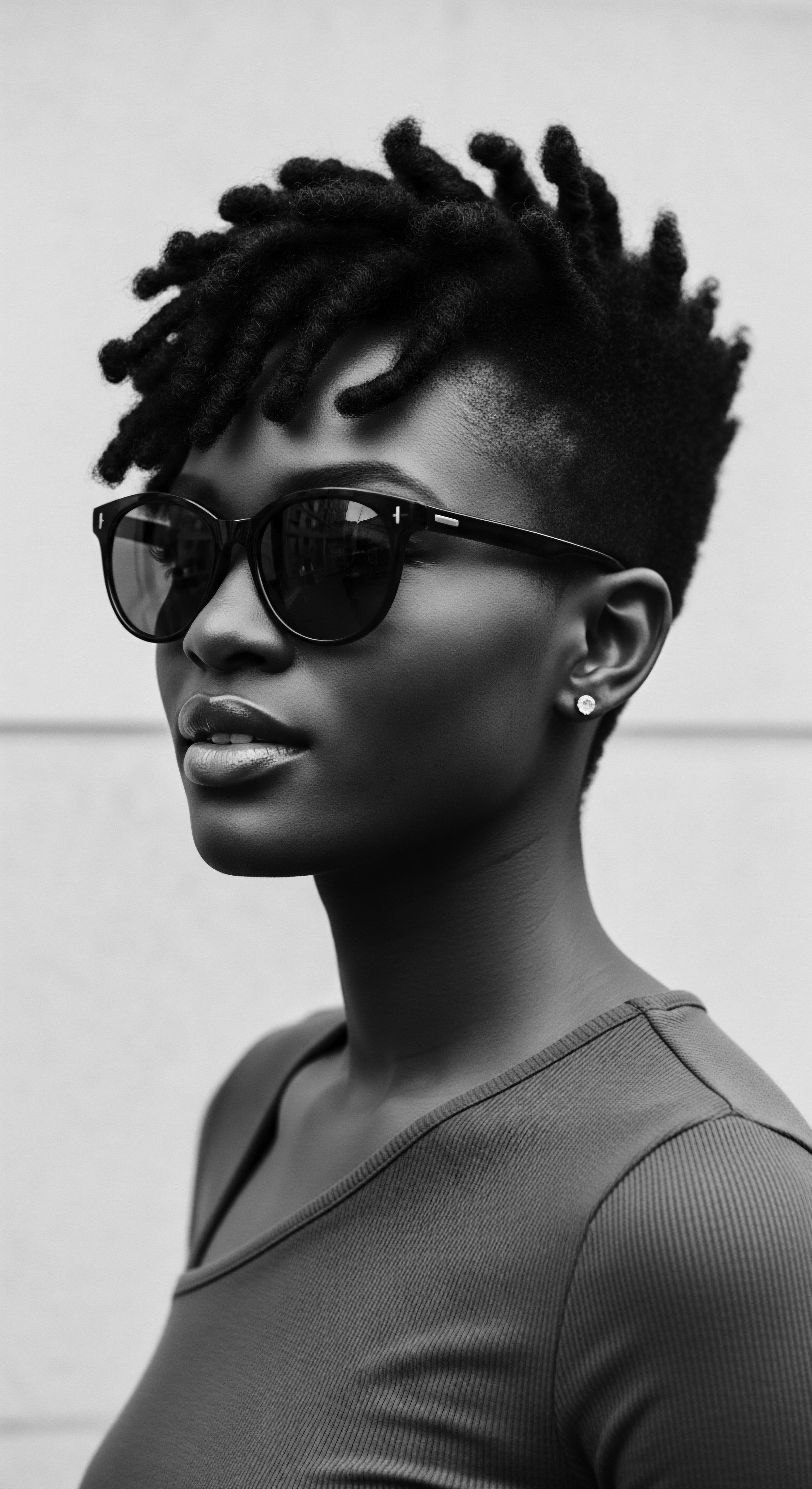 Black Woman with Short Textured Hair Style and Retro Sunglasses Portrait This classic monochrome portrait captures the subject's elegant confidence and distinctive textured hair, a symbol of Black heritage and contemporary style. Her sophisticated look speaks to embracing natural textures and celebrating unique cultural beauty, inspiring self love for textured hair expression.