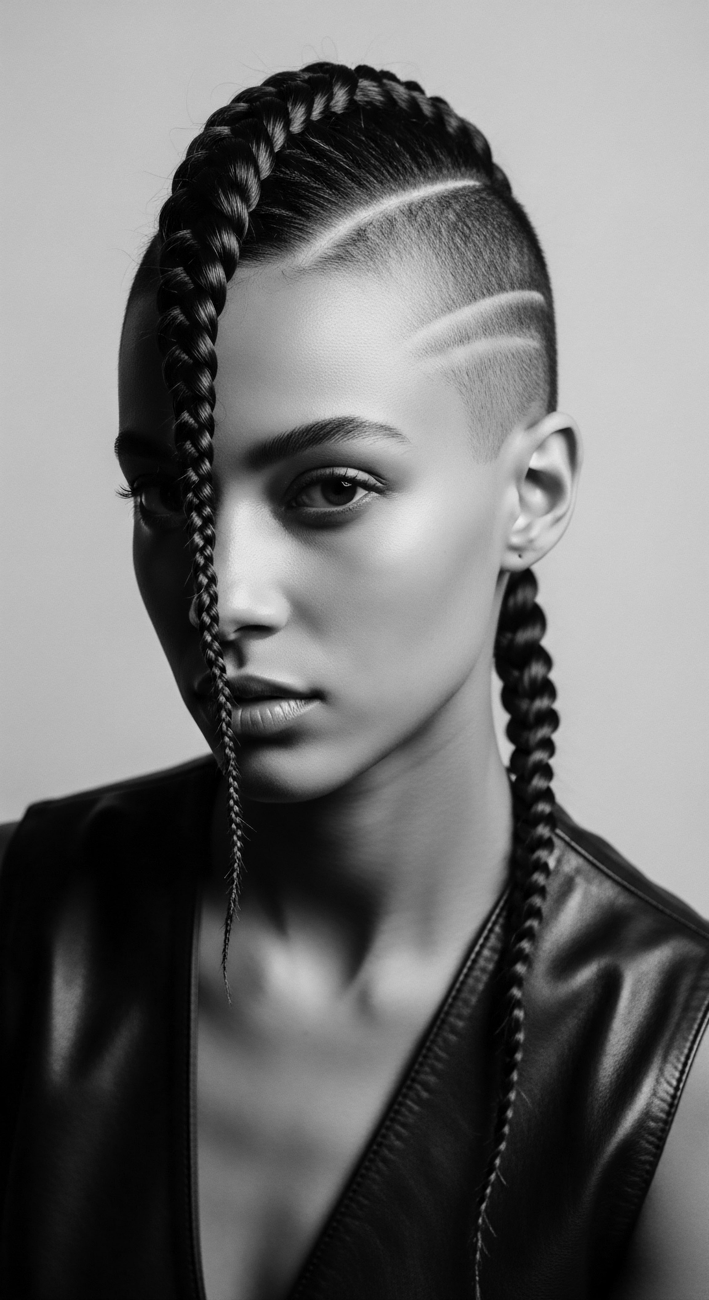 This image beautifully blends contemporary edgy styles with culturally rich braids. The cornrow braid and precise undercut are framed by skillful black and white contrast, that draws the viewer into the subject's focused gaze, speaking to both modern self expression and enduring Black hair traditions.