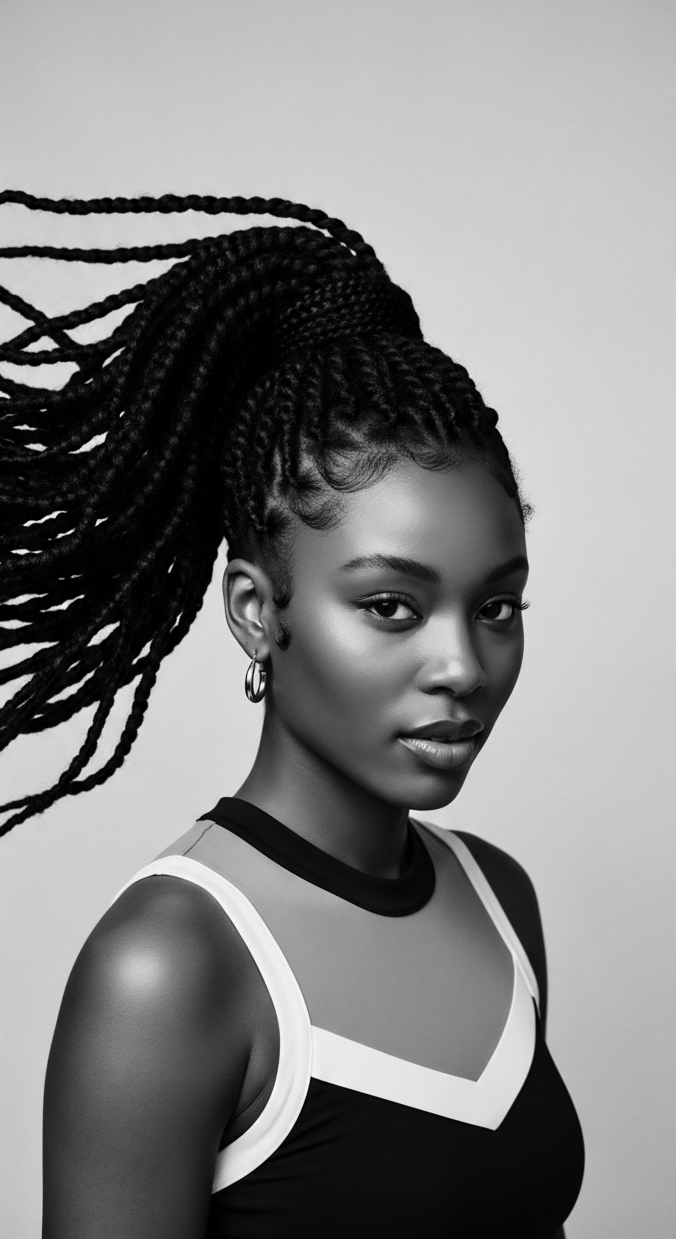 Bold Black Woman with Braided Protective Style Asserting Natural Beauty The photograph captures the essence of confidence in Black beauty, featuring a woman with intricately braided hair. Her expressive eyes convey resilience, mirroring the rich cultural legacy woven into her protective hairstyle, honoring ancestral techniques and celebrating the artistic expression found in Black hair traditions.