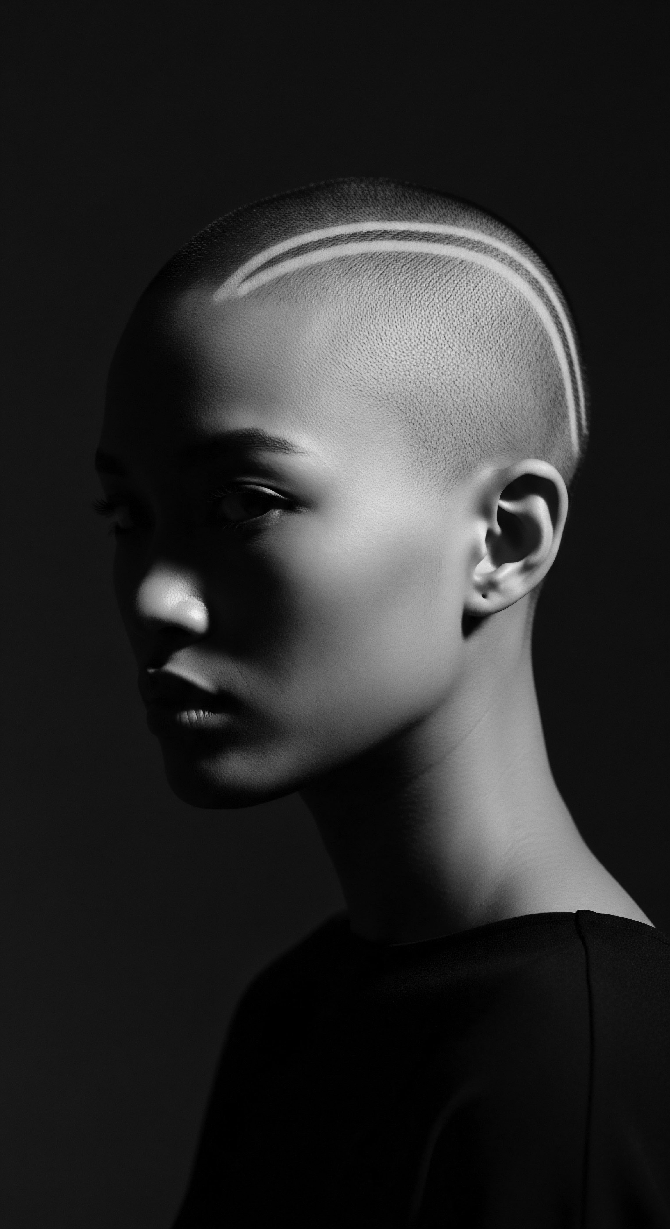 Bold Elegance Portrait Striking Shaved Head Hairstyle Graphic Lines High Contrast This high-contrast portrait evokes a sense of self-assuredness through the bold shaved hairstyle, graphic lines and the intentional use of light and shadow. The image invites contemplation on identity, strength, and the powerful statement one can make through unconventional expressive style embracing smooth scalp.