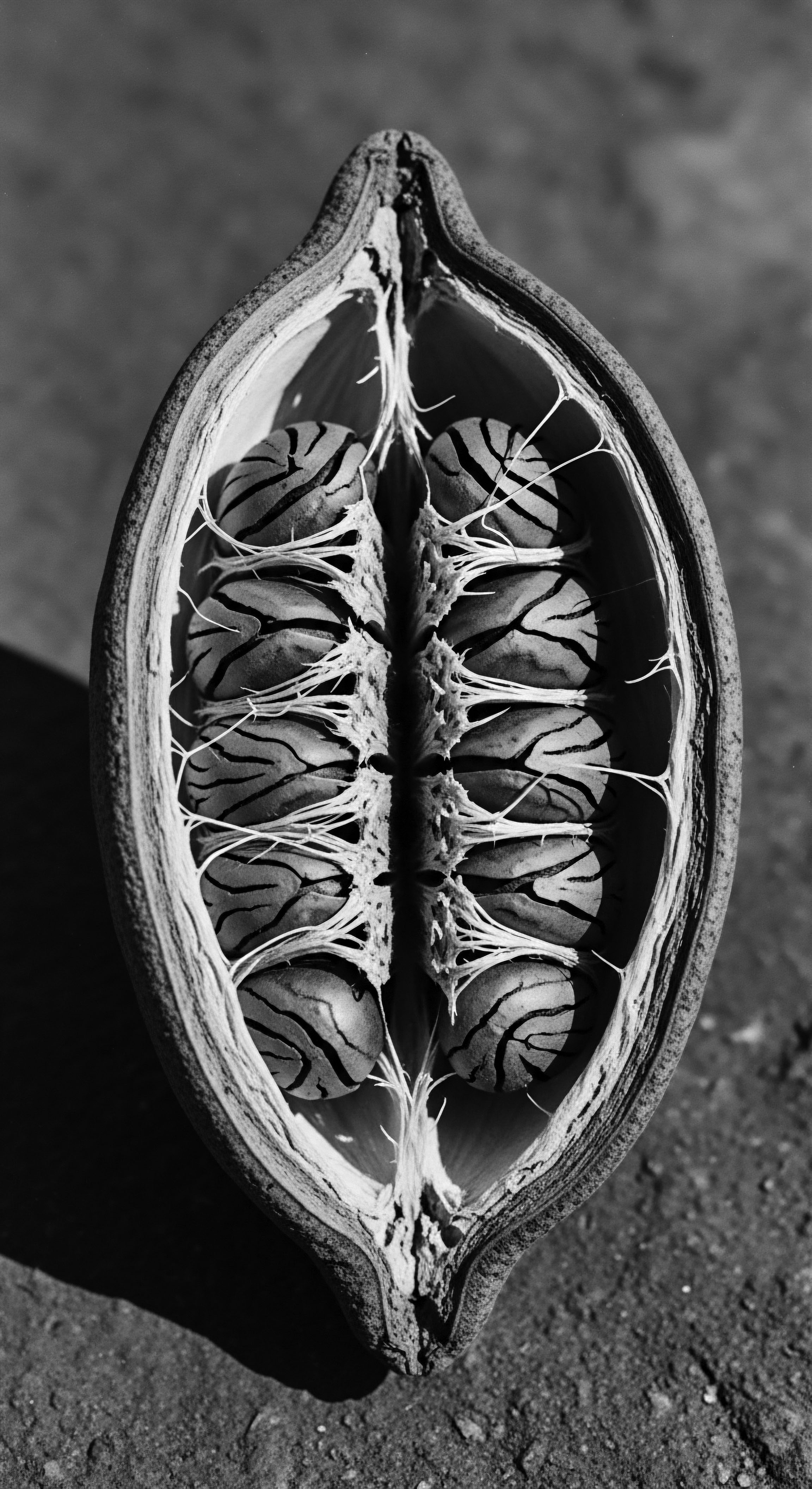 Botanical Cross Section of Seed Pod Revealing Textured Seed Patterns A seed pod's intricate interior echoes textured hair diversity, suggesting deep connections to heritage. Its monochrome presentation emphasizes organic structures and evokes wellness linked to natural hair ingredients. The pattern invites contemplation of ancestral beauty traditions and holistic care practices.