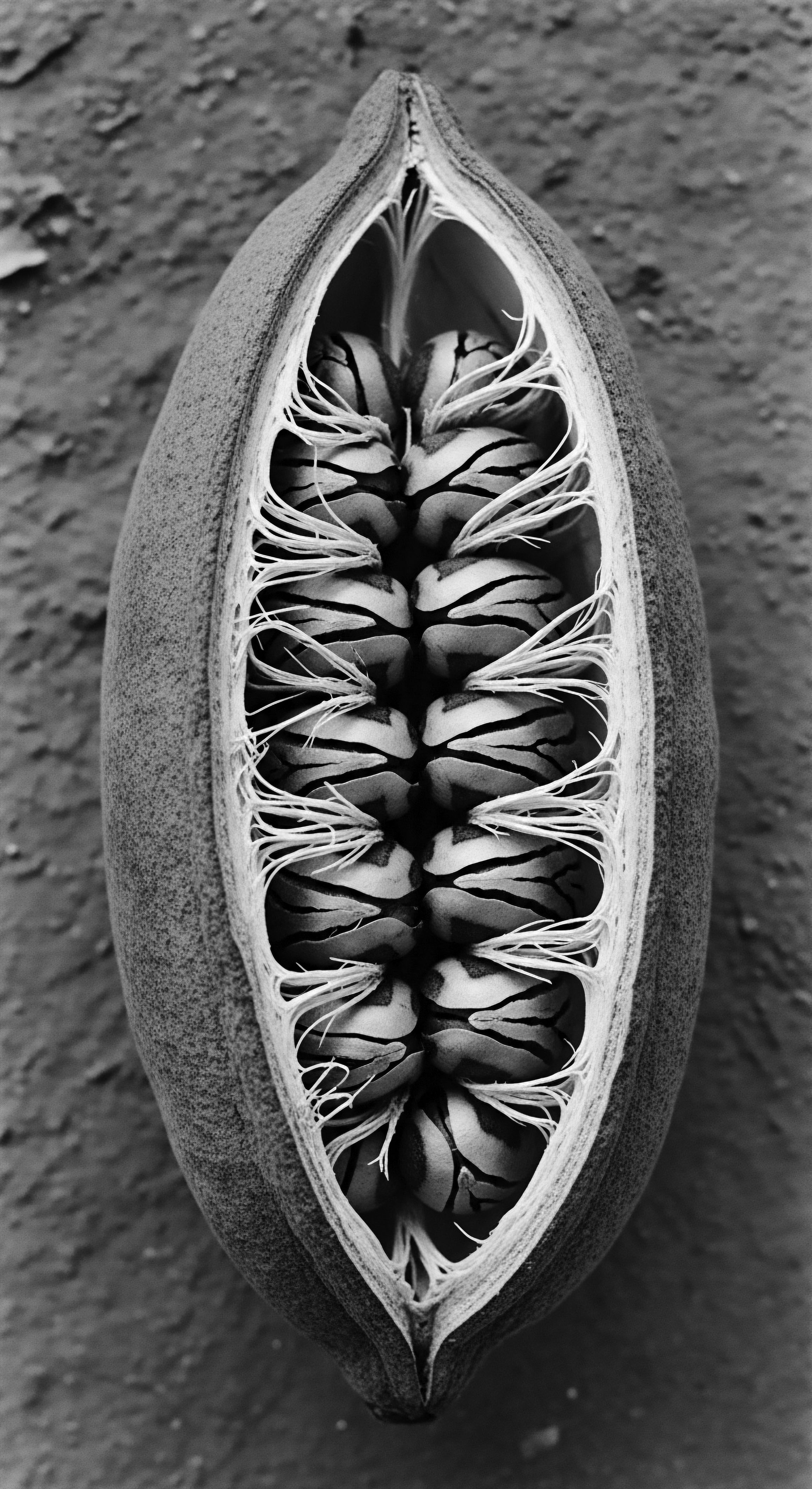 Botanical Seed Pod Reveals Intricate Patterns in Black and White The halved seed pod shows botanical beauty, mirroring intricate spiral textures and ancestral heritage similar complex formations are echoes of coils, afro-textured hair emphasizing the importance of natural plant ingredients for holistic nourishment and textured hair resilience, rooted in tradition.