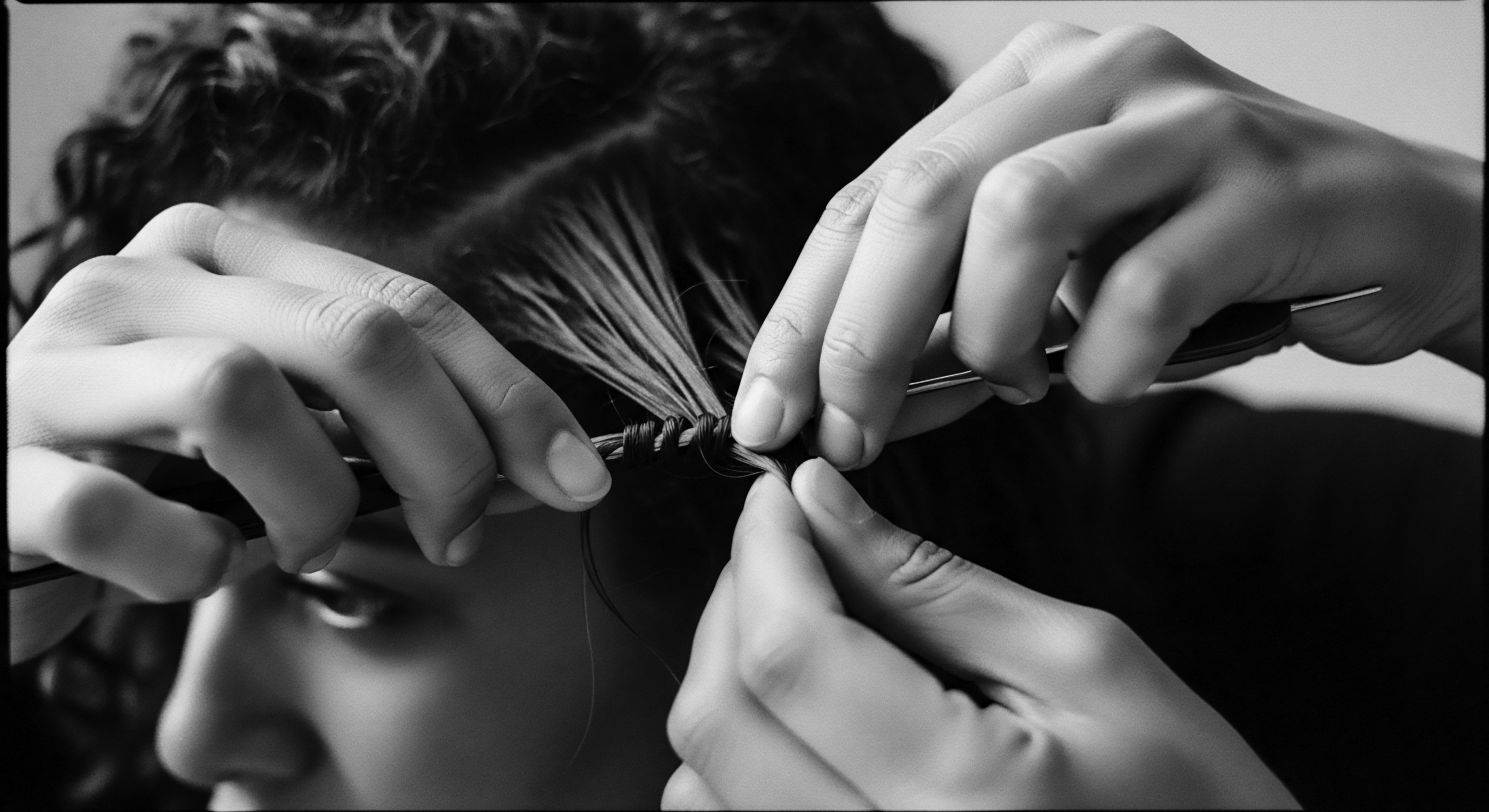 Braiding Textured Hair Close Up: A Study in Form and Technique This monochrome portrait immortalizes the artistry of braiding, illuminating the careful manipulation of tightly coiled hair textures with specialized tools. It speaks volumes about the skill, patience, and heritage woven into the daily and ancestral practices of textured hair care.