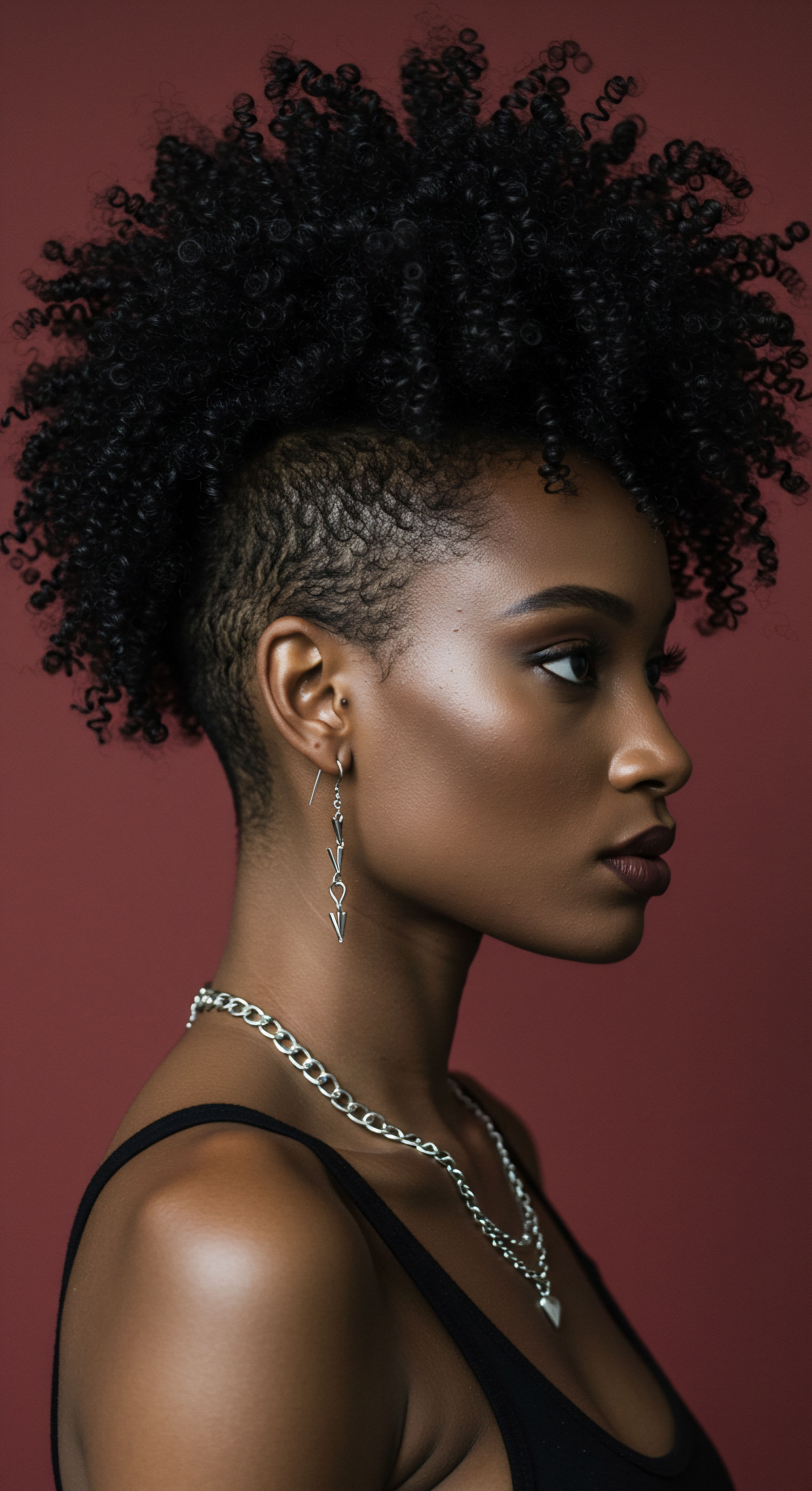 Captivating Profile Displaying Vibrant Coils and Precision Tapered Shaping Featuring resilient high-density coils meticulously paired with a precision tapered haircut, this look celebrates authentic natural pattern vitality. Her melanin-rich skin glows from optimal moisture retention, highlighting diligent scalp care and expert hair shaping. It's a testament to empowered textured hair care and ancestral aesthetics, fostering a thriving natural hair journey.