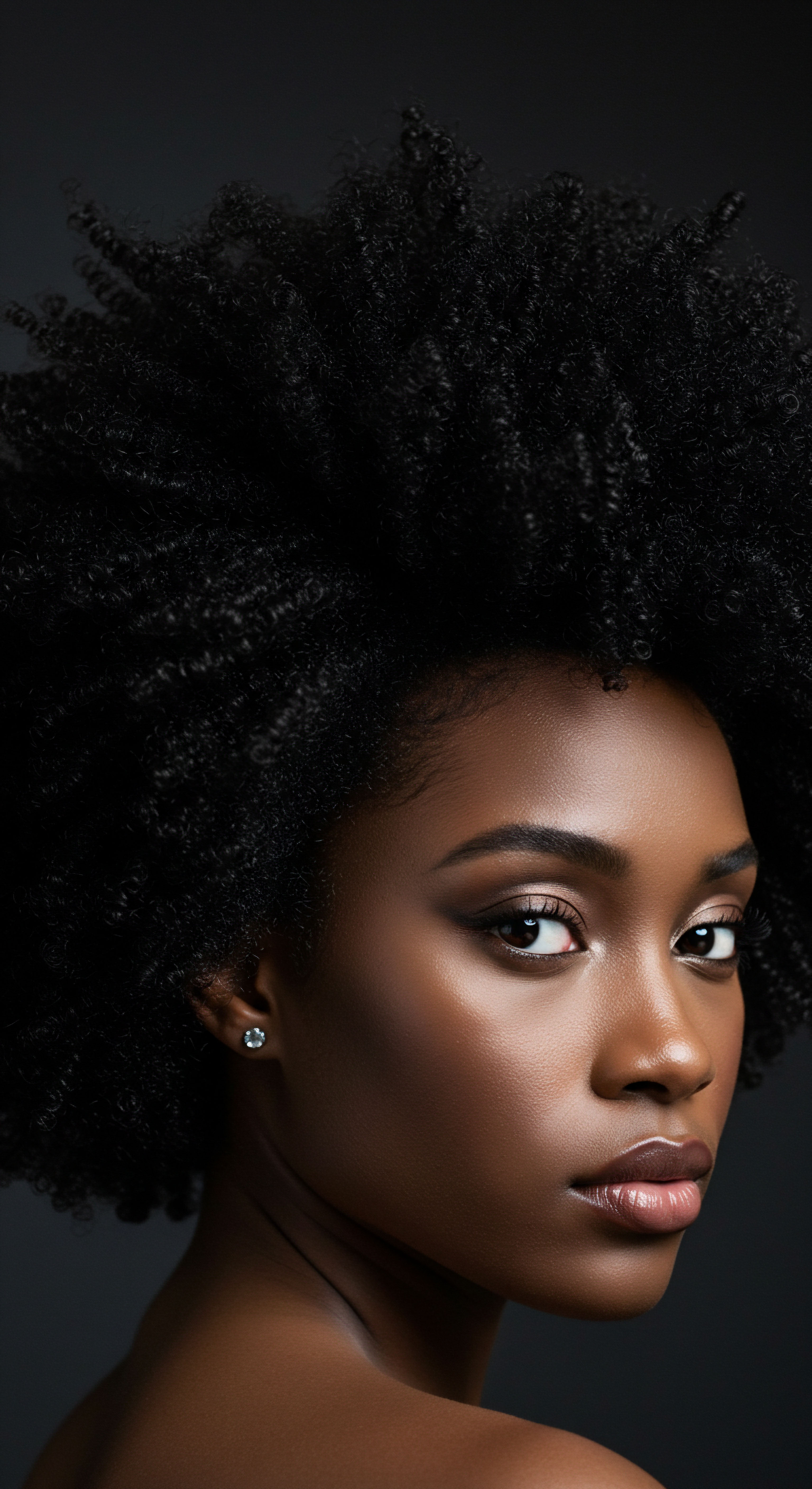 Celebrating Afro-Textured Coils Emphasizing Natural Shine and Hydration This striking portrait celebrates the inherent beauty and strength of Black hair, showcasing tightly coiled, natural textures in an abundant, voluminous silhouette. The impeccable definition and vibrant sheen speak to advanced protective styling techniques and a dedication to comprehensive hydration regimens, embodying cultural heritage.