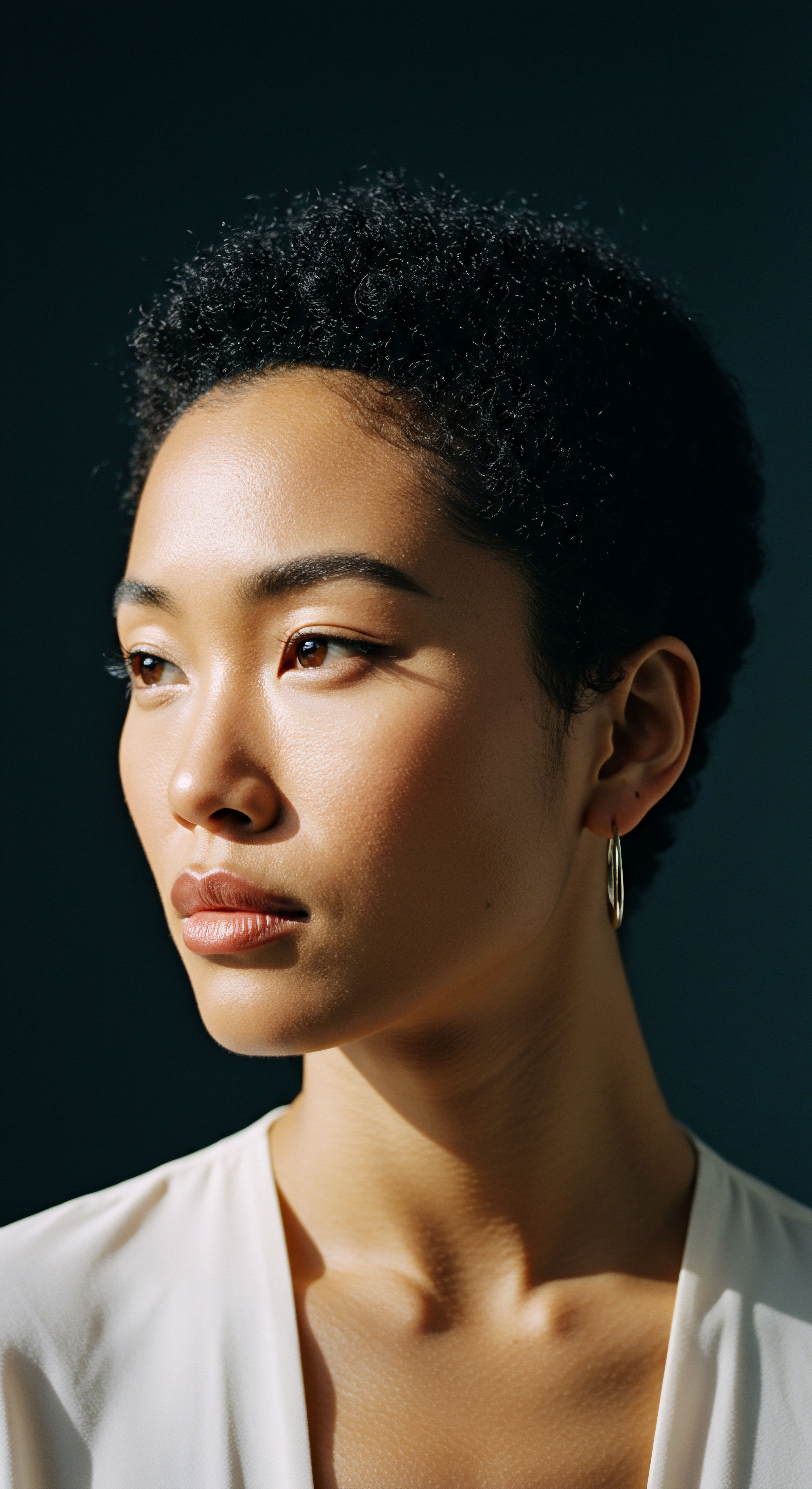 Celebrating Authentic Afro Textured Hair Resilience and Styled Expression Showcasing pristine, natural Afro-textured hair, this image celebrates ancestral lineage with a modern precision cut. The radiant low porosity coils exhibit optimal moisture balance, reflective of advanced care techniques ensuring vibrant texture and resilience. A testament to holistic hair wellness and empowering mixed-heritage patterns.