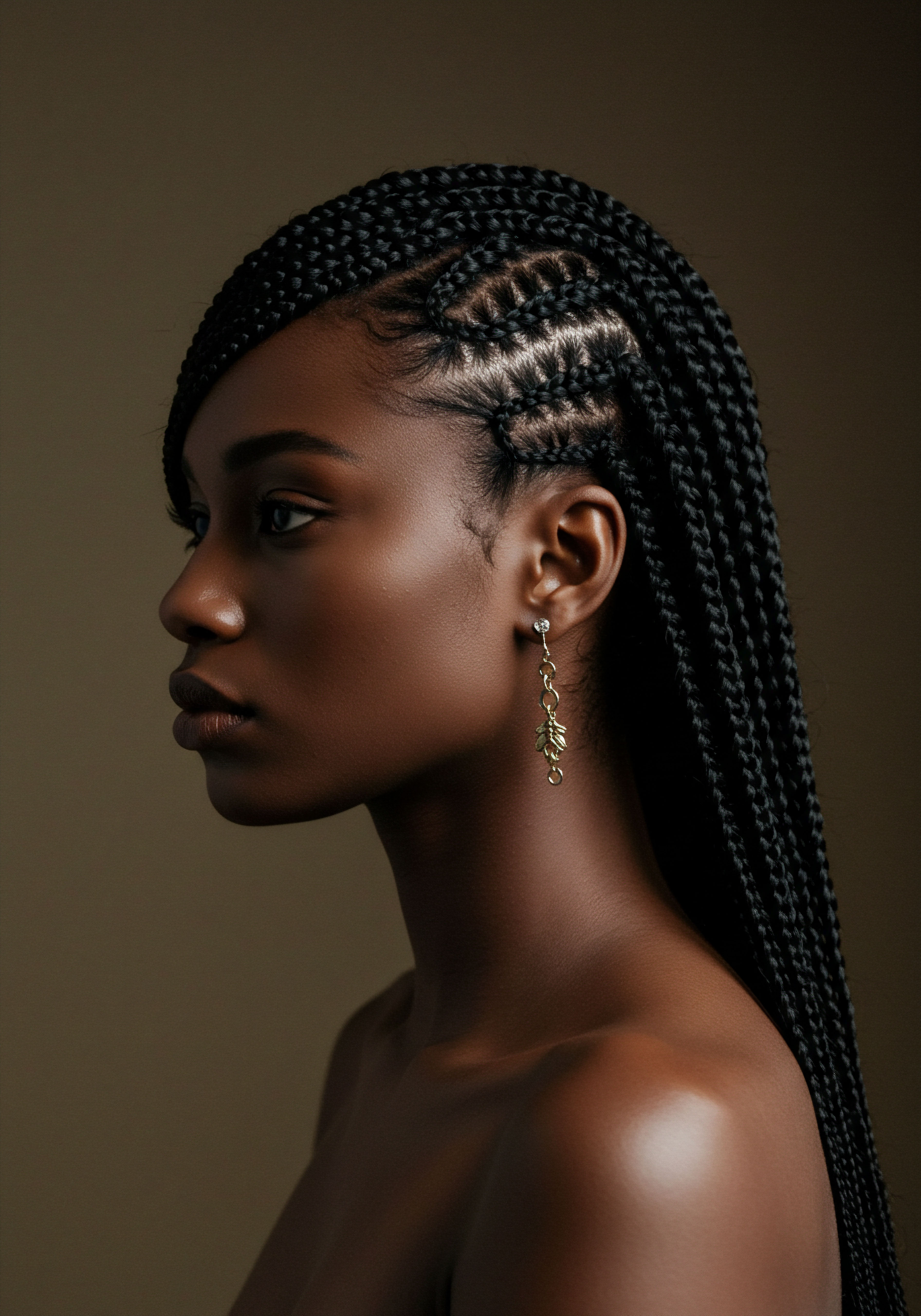 Celebrating Heritage Intricate Braided Protection Textured Hair Care Artistry Captivating profile of expert protective styling: meticulously defined cornrows evolve into sleek box braids. This demonstrates profound textured hair care, honoring heritage through ancestral braiding techniques, ensuring optimal scalp health, hair integrity, and hair resilience for Black hair.
