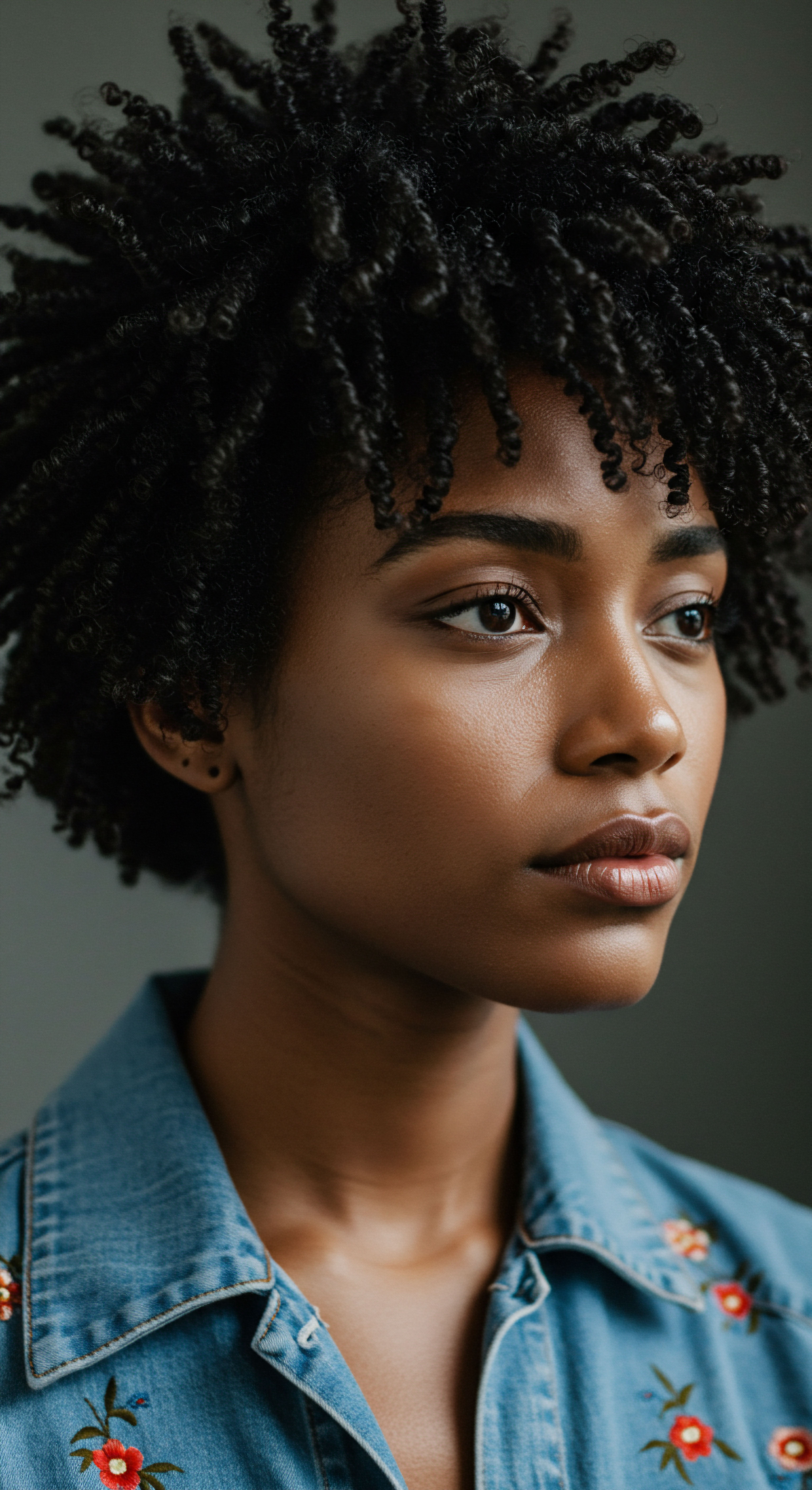 Celebrating Inherent Hair Patterns Resilient Coils Daily Care Heritage Styling A portrait celebrating intrinsic hair patterns, featuring resilient dark coils with remarkable natural definition. Highlighting optimal moisture retention for low porosity texture, it embodies a profound ancestral heritage, promoting scalp health, radiant vitality, and gentle styling for long-term coil care.