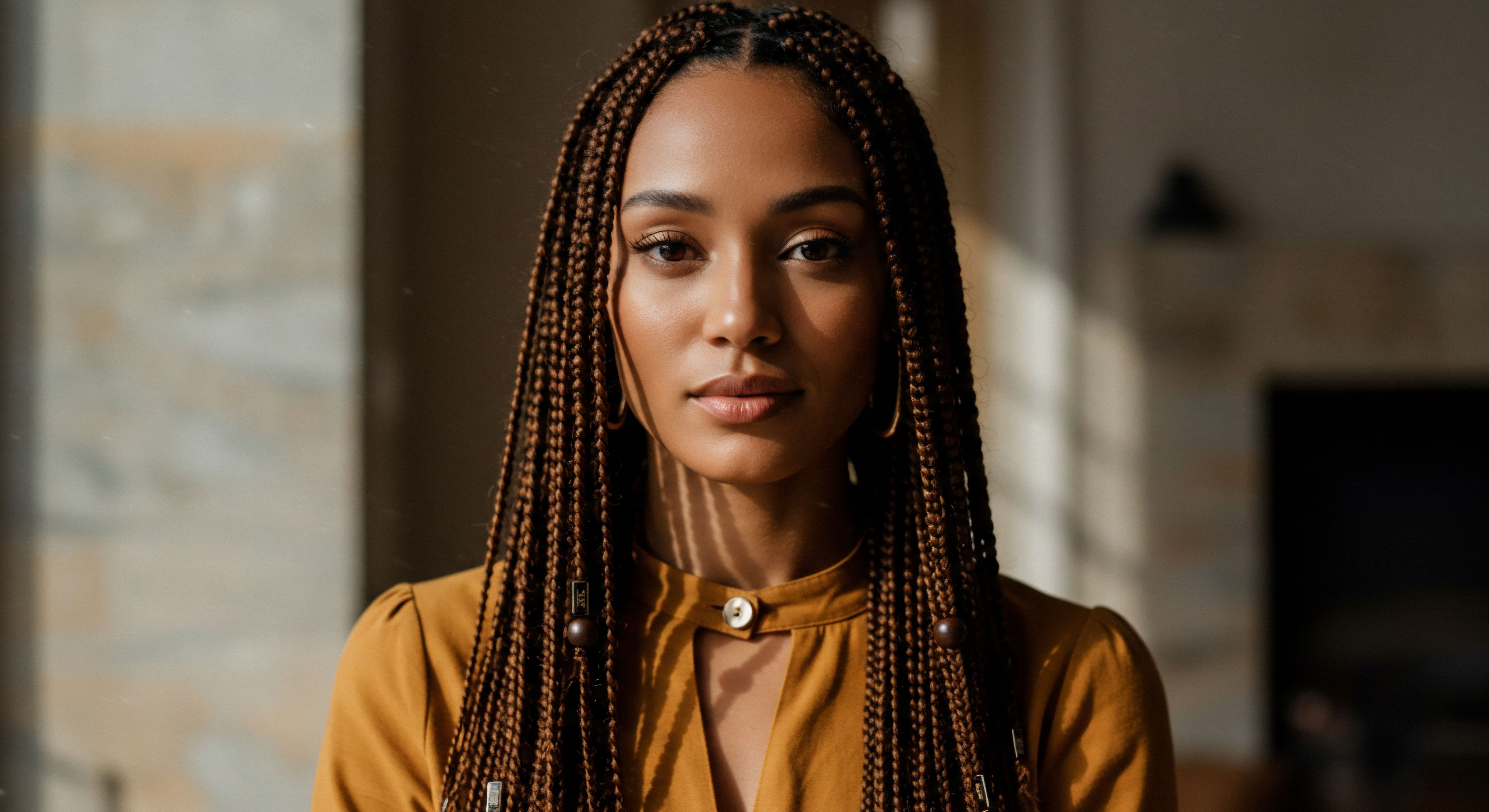 Celebrating Intricate Box Braids Ancestral Hair Adornment and Texture Preservation This compelling portrait highlights exquisite box braids, a prime example of heritage-rich protective styling designed for length retention and vibrant textured hair health. The careful adornment and uniform coiling patterns reflect a deep commitment to advanced hair care, showcasing versatile styling and scalp health maintenance integral to Roothea's principles.