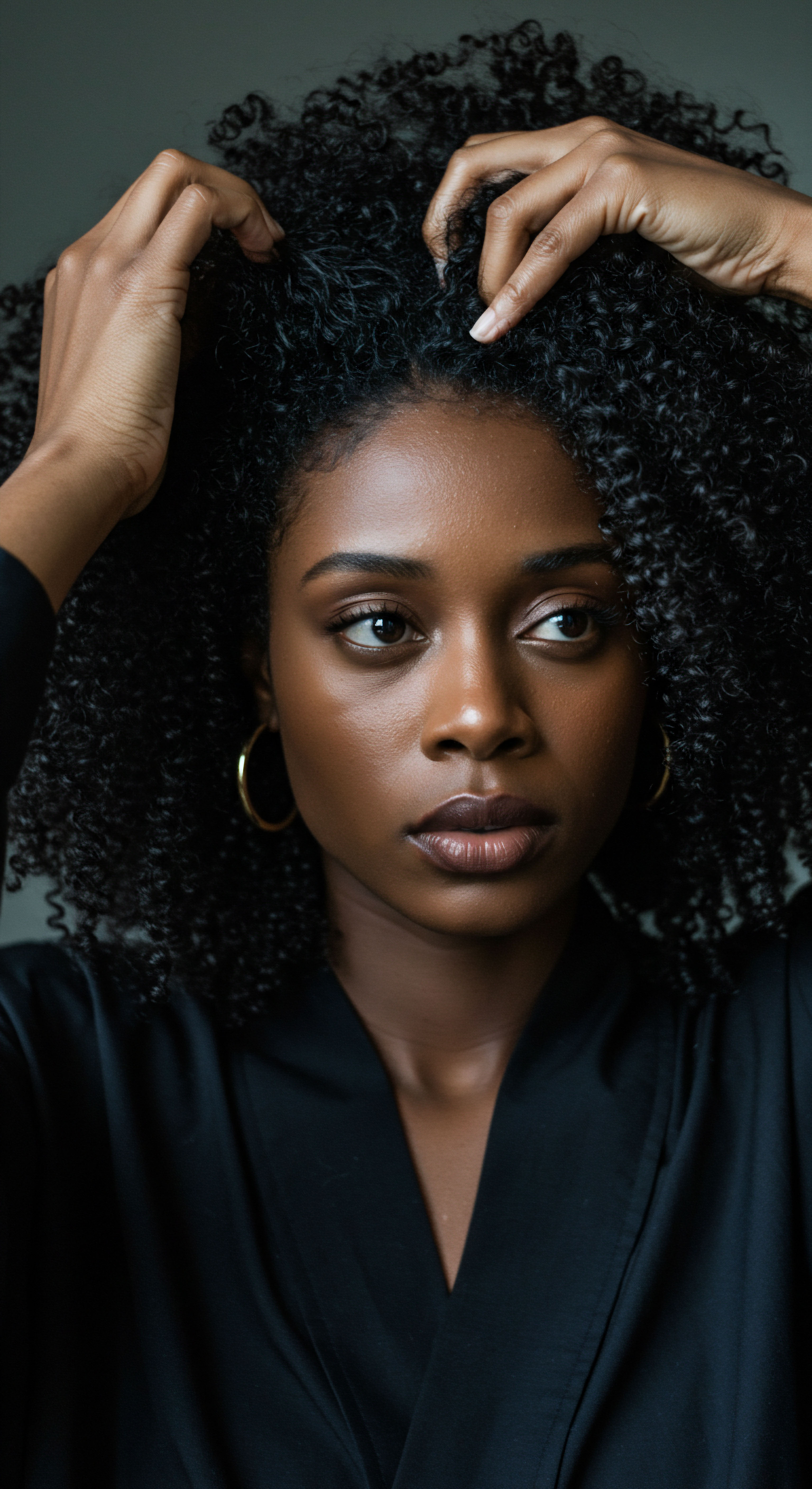 Celebrating Intricate Spiraled Hair Patterns Through Mindful Hydration And Expert Styling An evocative portrait celebrating meticulous textured hair care and profound heritage appreciation. Her perfectly defined spiraled patterns reflect exceptional hydration, indicative of superb moisture retention in her coily hair. This exquisite strand definition stems from intentional protective styling and deep Afro-textured hair health expertise, truly honoring Black hair identity and volumetric beauty.