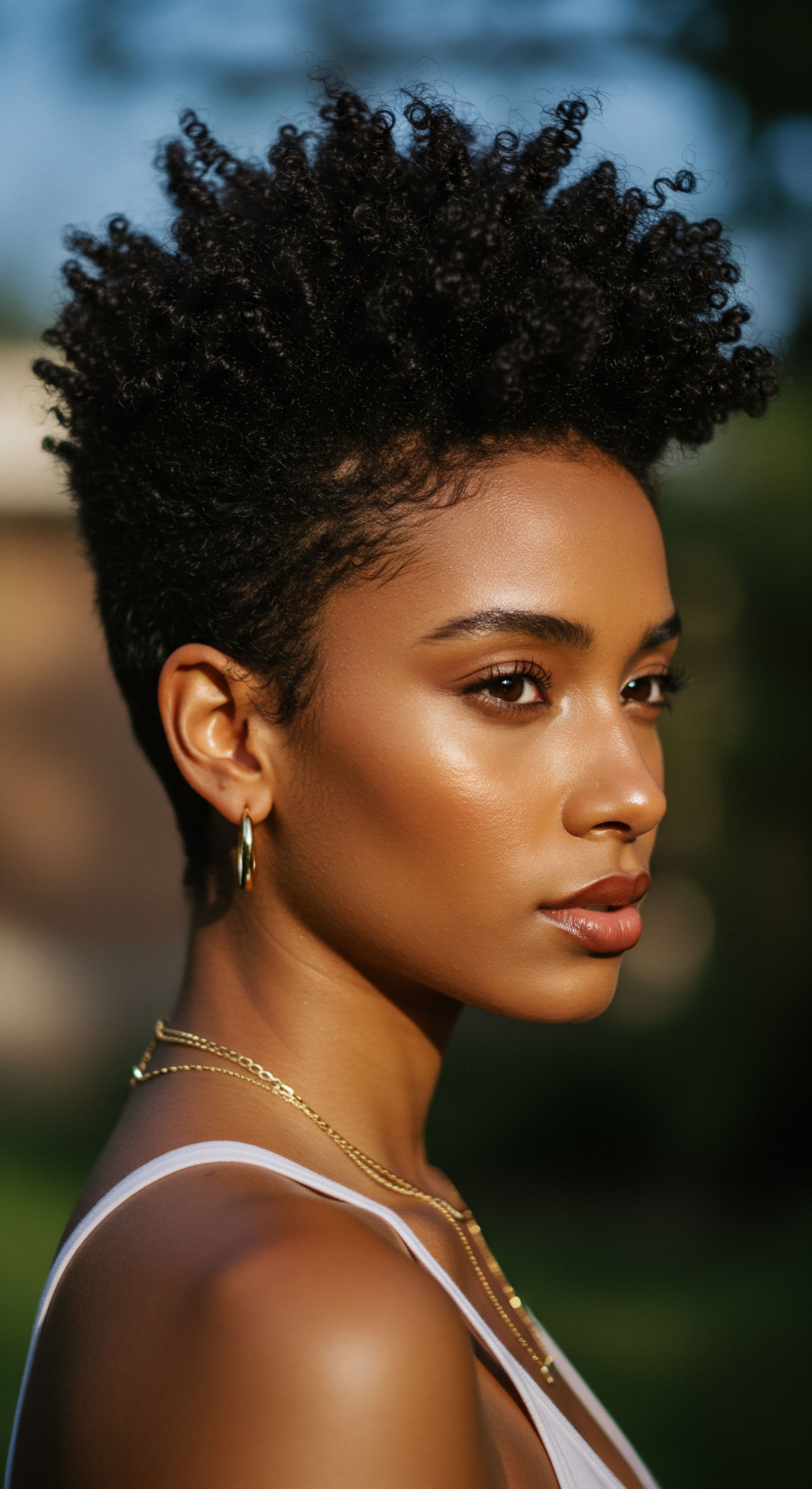 Celebrating Mixed-Race Black Hair Heritage With Defined Coily Pattern Care A serene profile highlights perfectly defined coily textured hair. This vibrant hair pattern showcases remarkable hydration and brilliant luster, demonstrating exceptional care and advanced styling. It eloquently celebrates the resilience and rich heritage integral to Mixed-Race and Black Hair beauty.