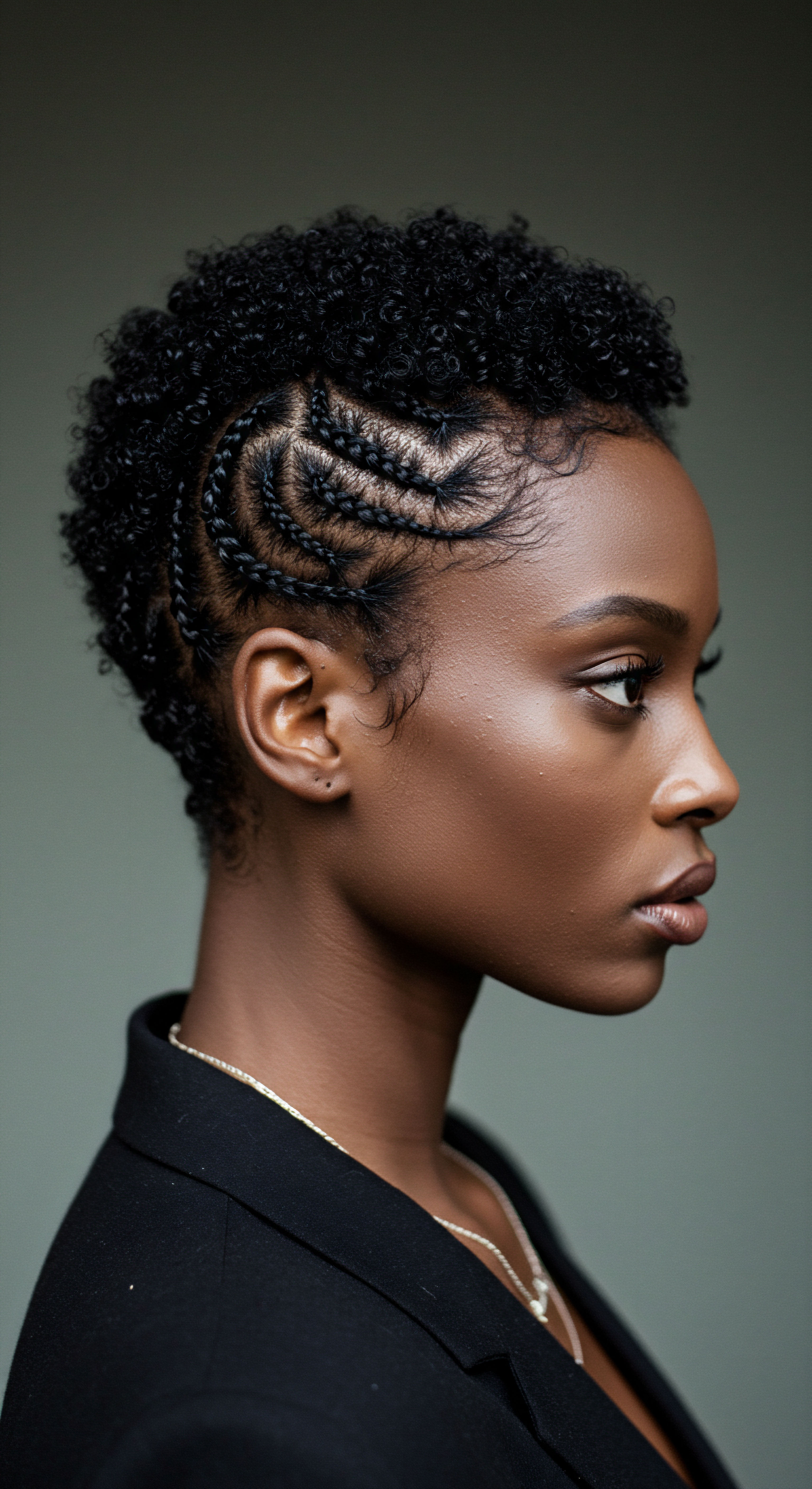 Celebrating Natural Coily Texture with Artisan Braiding Hair Artistry Showcasing textured hair styling, this profile displays dense coils and precise cornrows, creating stunning patterns rooted in rich heritage. This artful protective styling highlights diligent hair care, fostering optimal scalp health and radiant pattern definition for Black hair artistry.