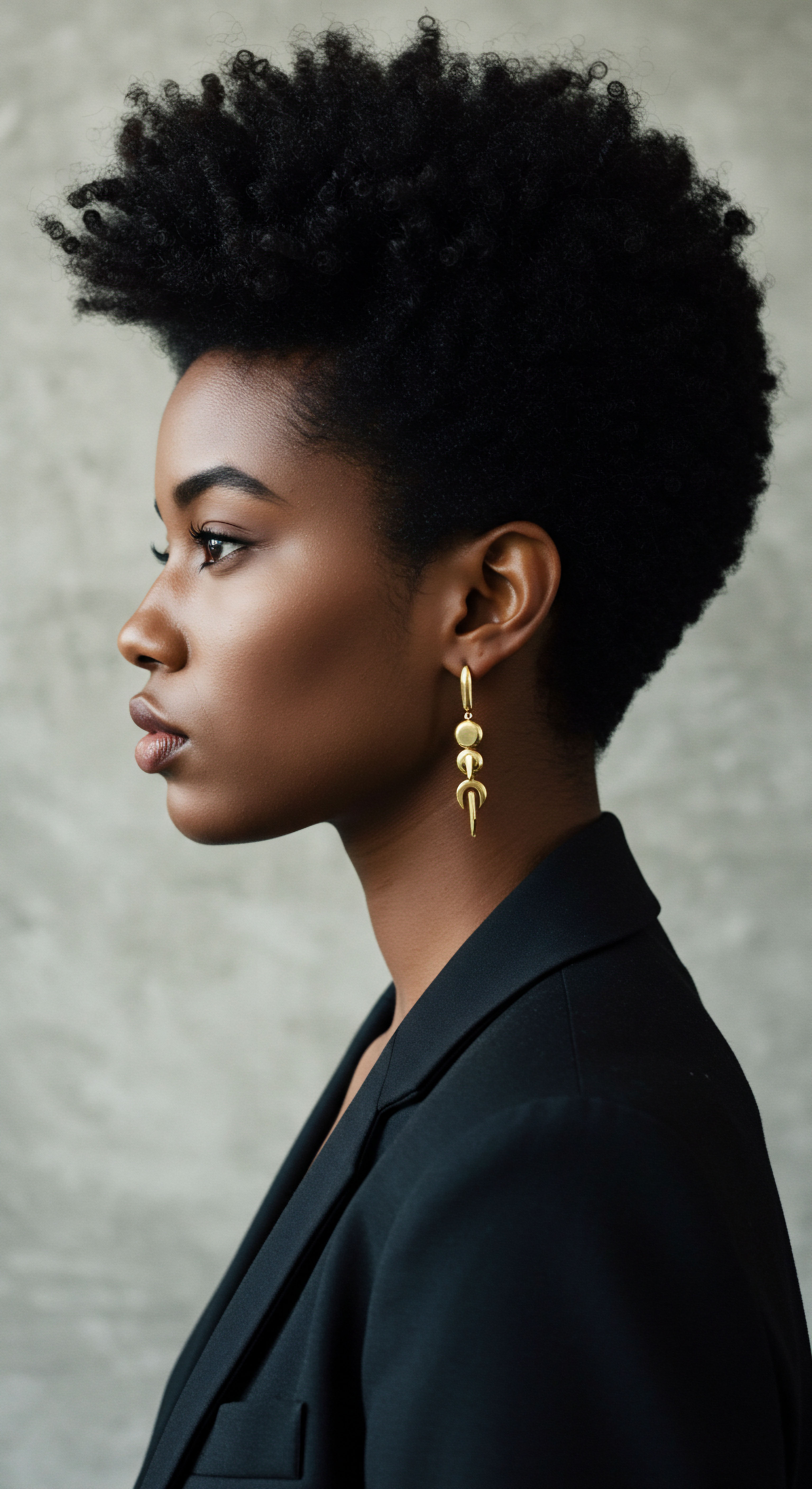 Celebrating Resilient Natural Black Coily Hair Ancestral Beauty Compelling profile shot capturing high-density, coily hair showcasing incredible natural volume and prominent pattern definition. Celebrating profound ancestral hair heritage, it highlights optimal moisture retention, resilient strand elasticity, and devoted scalp health. An ideal representation of holistic textured hair wellness through mindful styling practices.