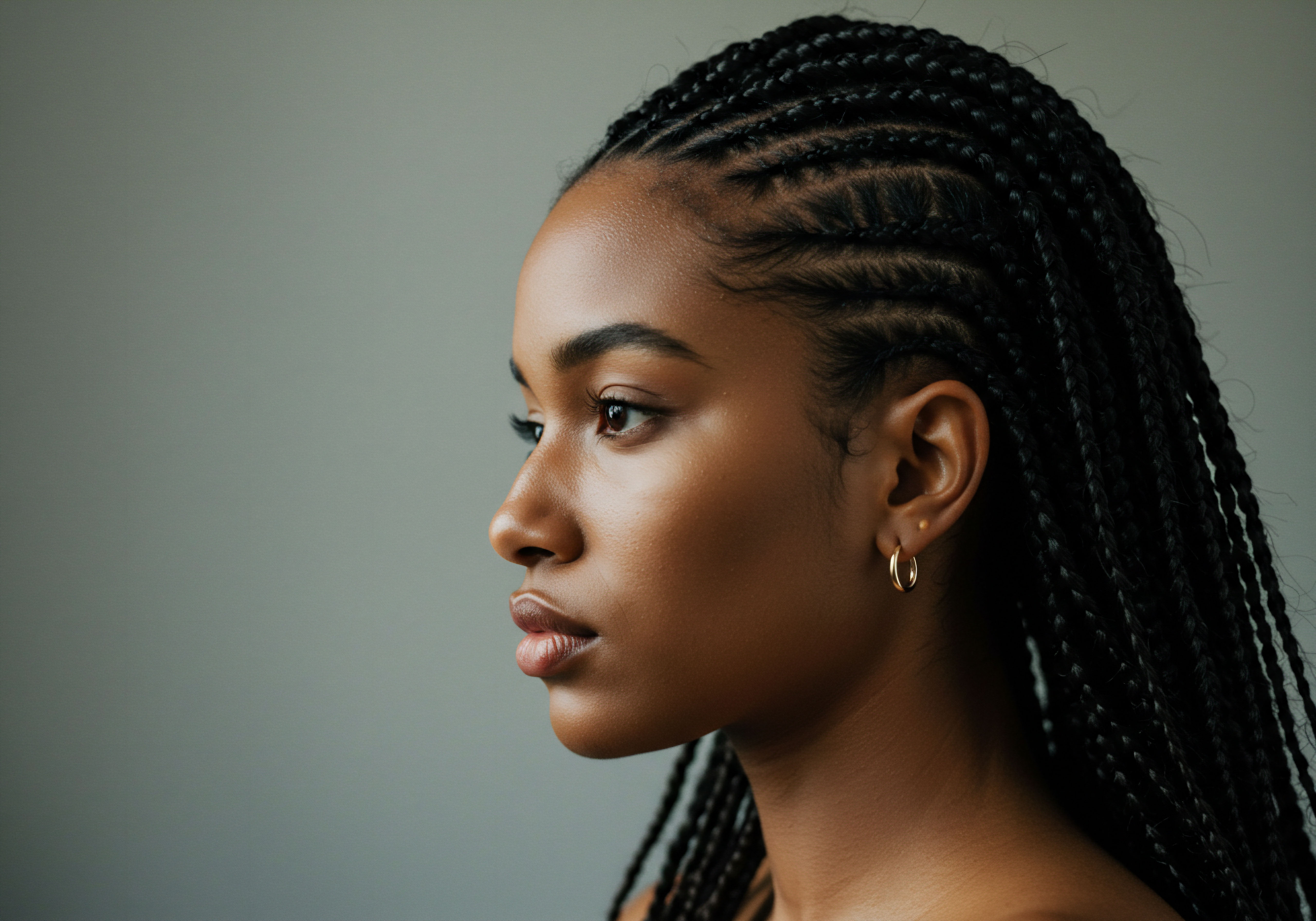 Celebrating Textured Hair Artistry Ancestral Braiding Protective Styling This captivating portrait embodies Roothea's commitment to textured hair wellness. The elaborate cornrow braids showcase ancestral Black Hair artistry and protective styling, emphasizing meticulous care, exceptional moisture retention, and low manipulation for enduring vitality and pattern definition.