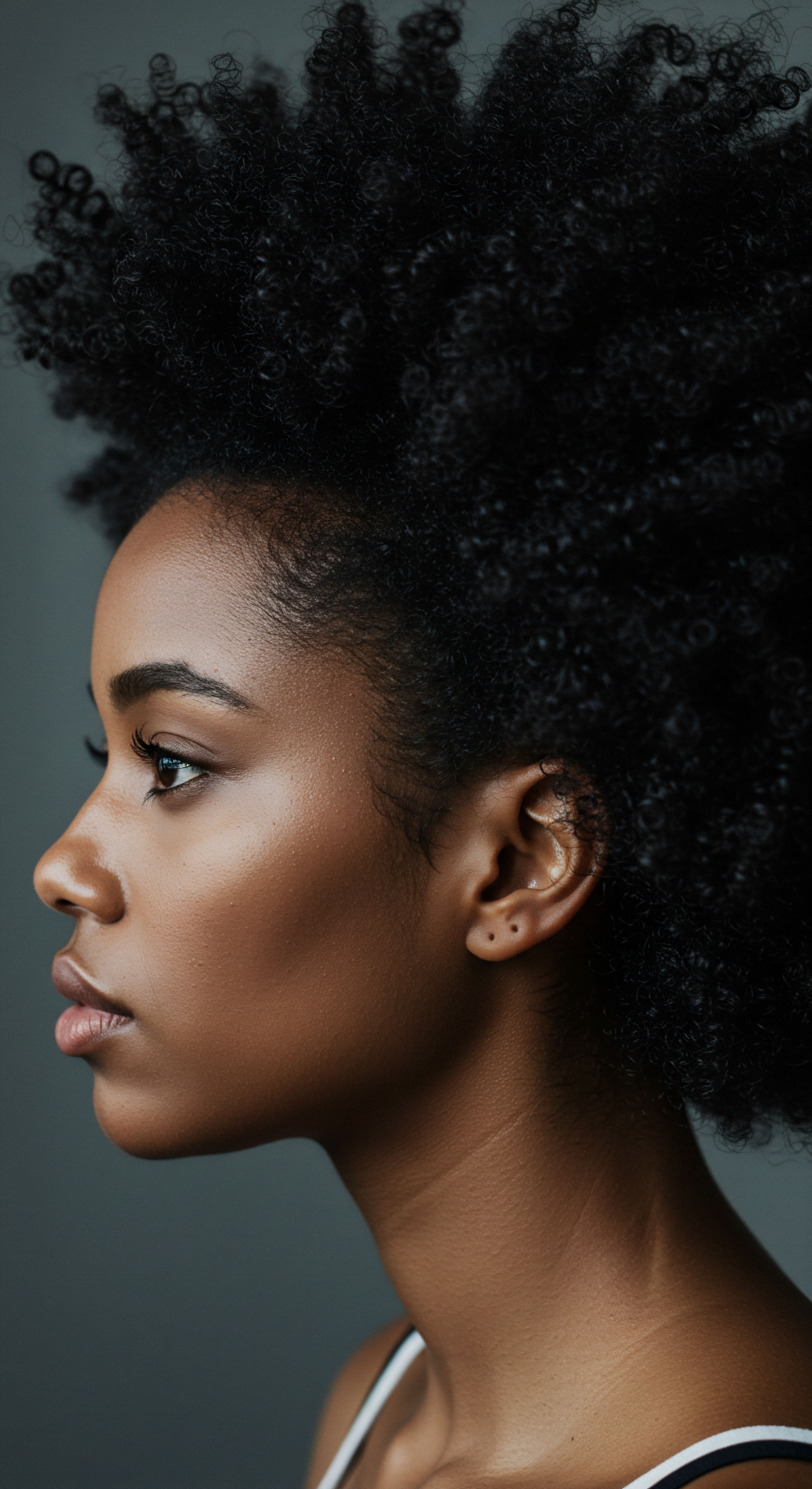 Celebrating Voluminous Afro Pattern Hair Through Heritage Care and Styling A stunning profile shot highlights vibrant, well-maintained Afro-patterned hair. The black, voluminous coils demonstrate exquisite definition and natural elasticity, indicative of targeted low porosity care and ancestral styling techniques. This image radiates resilience and dedicated hair health.