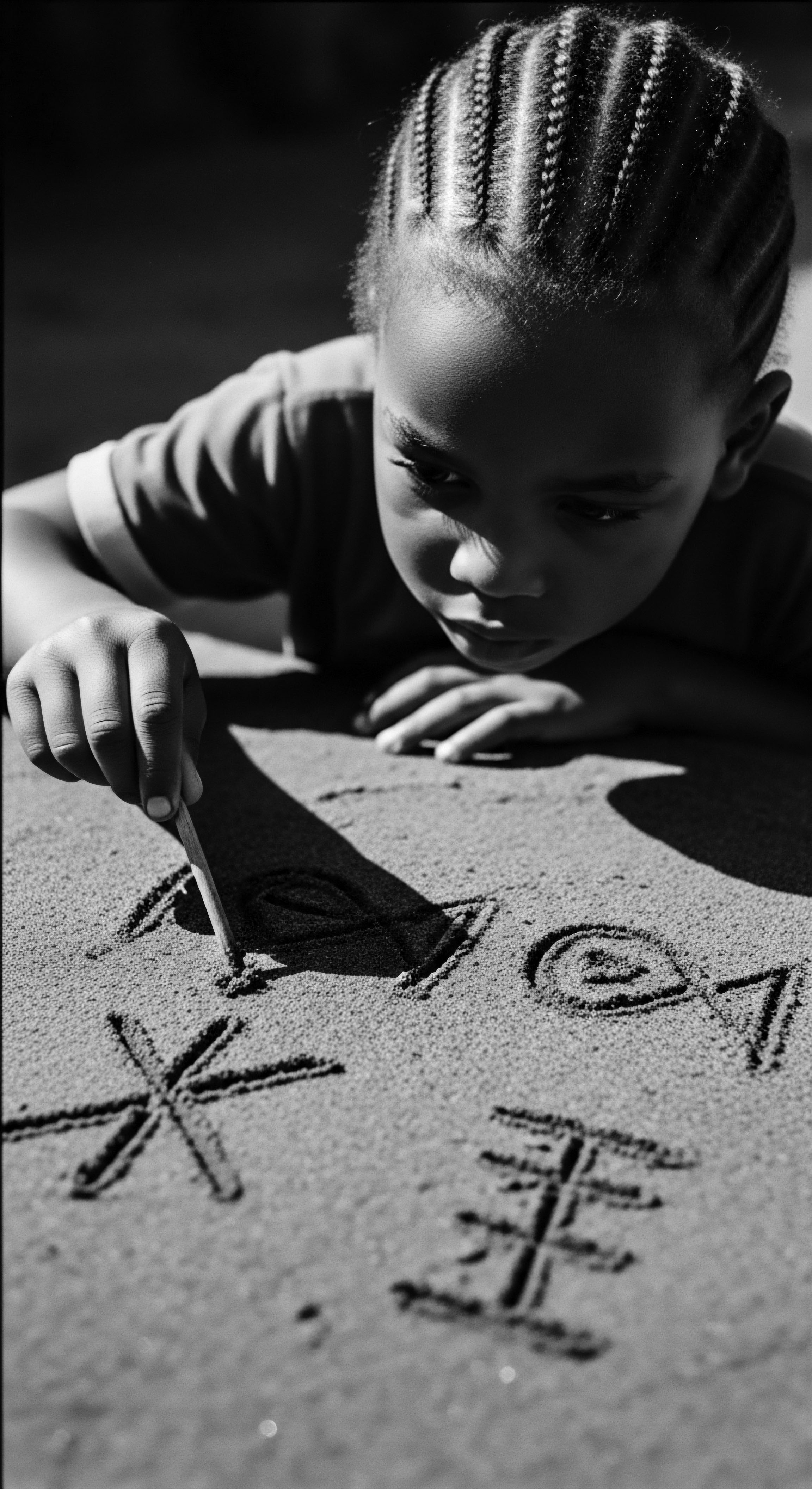 Child Drawing Symbols in Sand with Braided Cornrows Hairstyle Black and White The stark monochrome deepens the timeless feel as a child with intricately braided cornrows engages in creative expression, etching transient art into the beach’s canvas, reflecting ancestral links and a connection to elemental beauty and holistic experience.