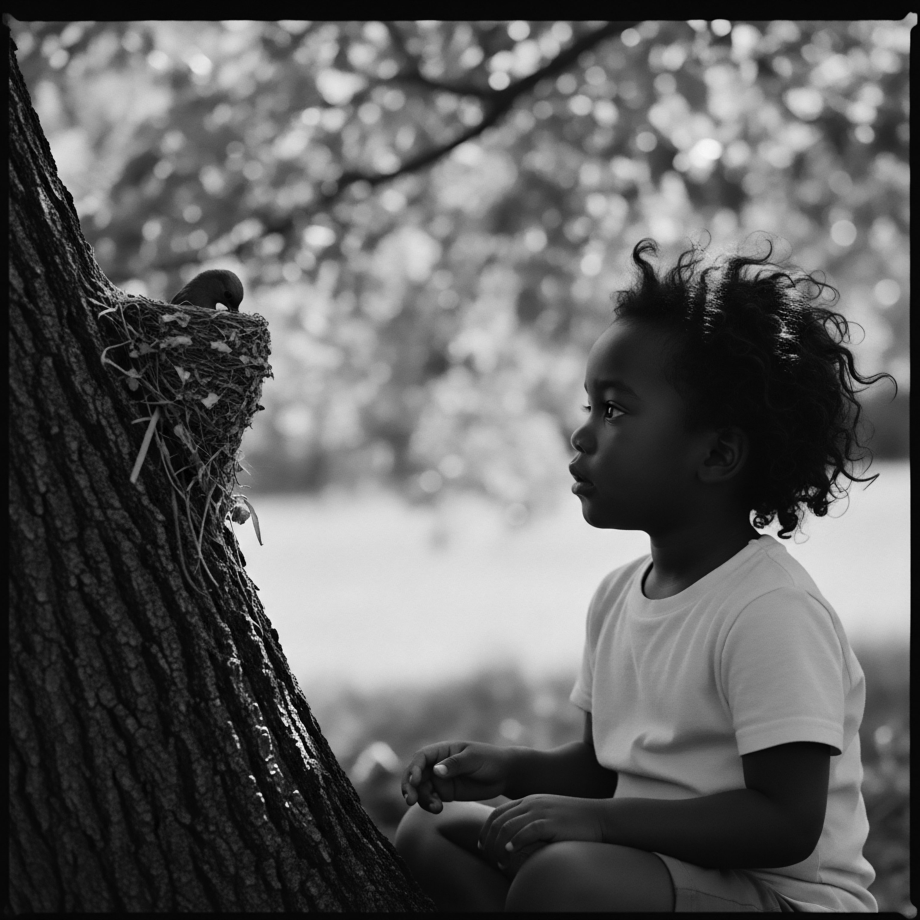A young child with coiled, textured hair sits in profile, absorbed in observing a bird's nest built into a tree's bark. The monochrome image highlights light and shadow emphasizing the hair's texture, evoking themes of innocence, heritage, and connection to nature in black hair narratives.
