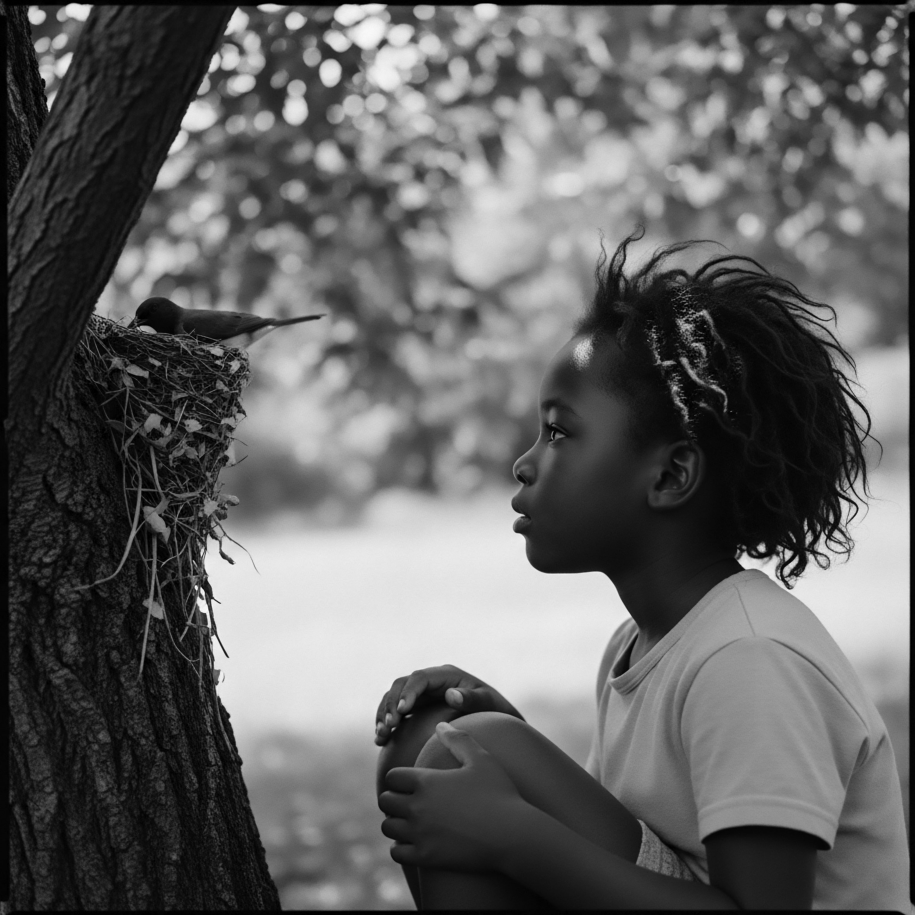 Child Gazing at Bird Nest in Tree Textured Hair Detail Black and White Amidst the tranquil setting, a young child with textured spirals finds harmony in nature, their contemplative gaze fixed on a bird's nest, signifying the profound connection between heritage, holistic existence, and the ancestral wisdom woven into the very fabric of textured hair traditions.
