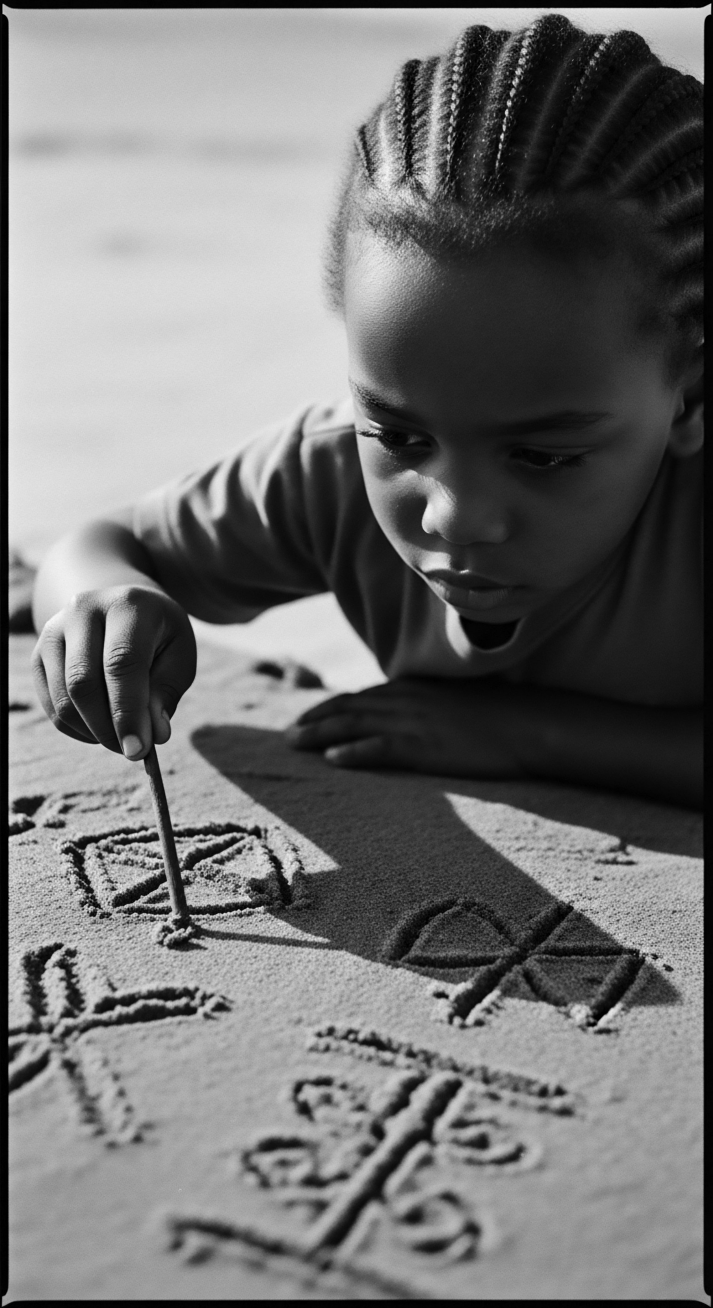 Child’s Artistry Fulani Braids Sebaceous Balance Black Hair Beach Heritage With meticulous care, the child etches designs in the sand, their Fulani braids a testament to ancestral heritage and protective styling traditions. Sebaceous balance and high-density coil care are subtly present, a tender depiction of self-expression within Black Hair Traditions through art and cultural roots.