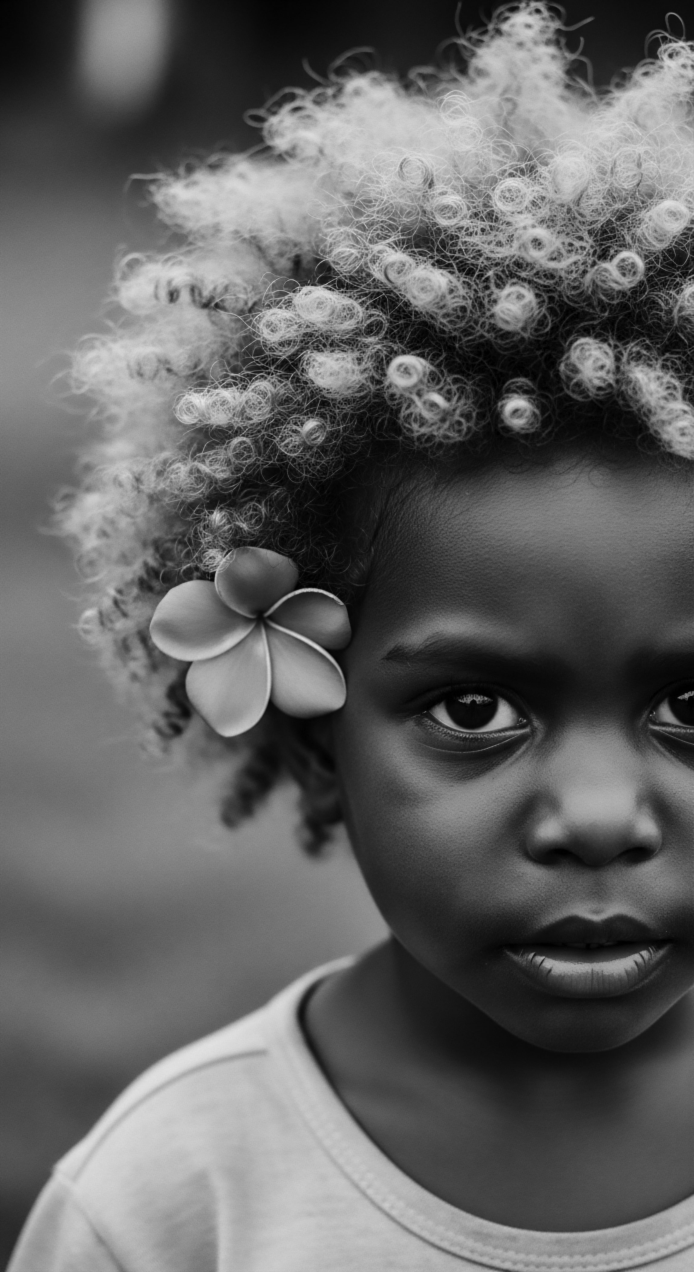 Child’s Gaze Black and White Portrait with Afro and Flower Accent The poignant black and white image invites reflection on heritage, innocence, and the inherent beauty found in textured hair formations, with the child’s steady stare, amplified by the contrasted afro and accenting flower, underscoring the significance of honoring diverse Black hair traditions and expressive styling from childhood.