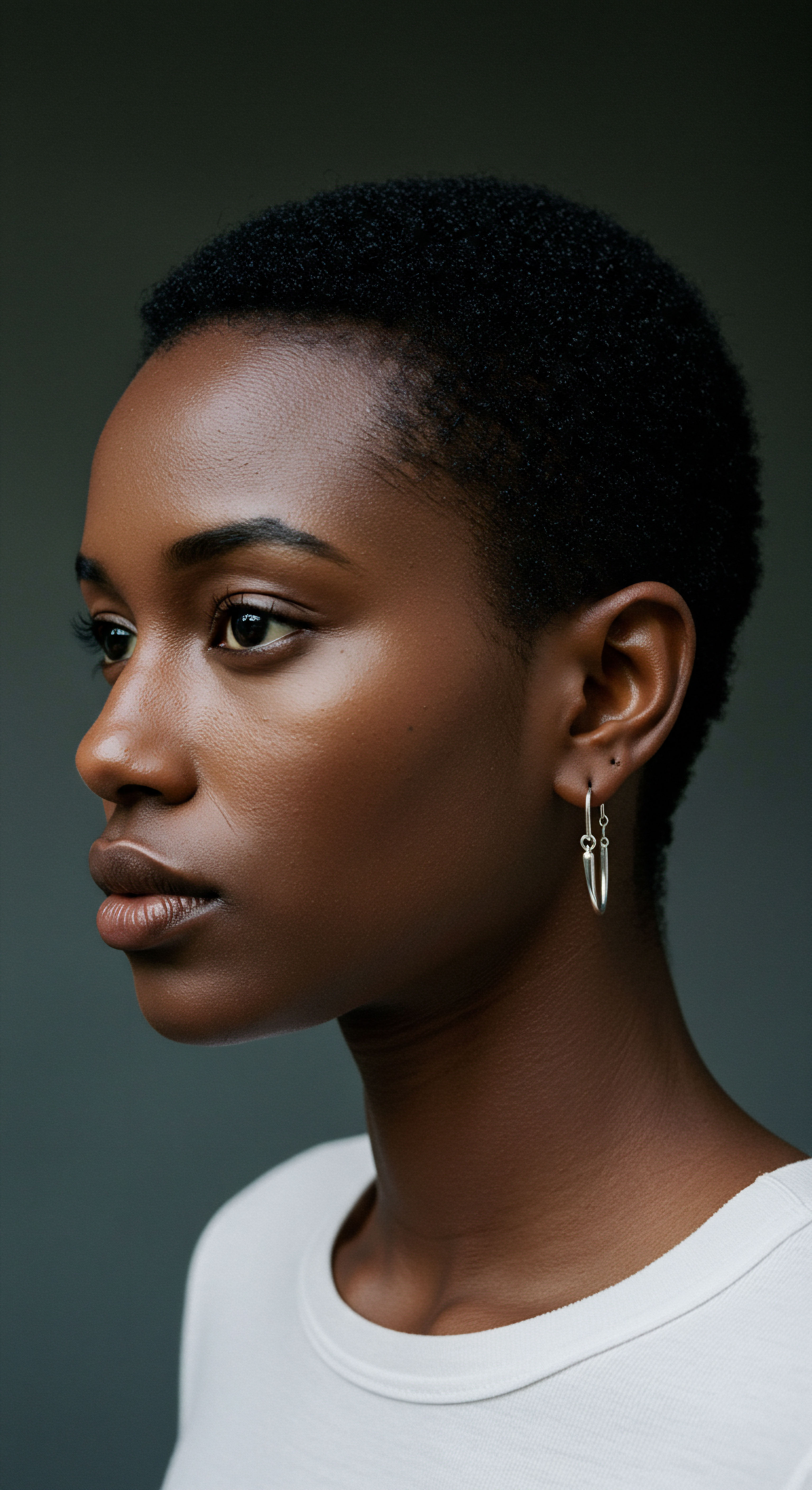 Coily Pattern Strand Resilience Natural Hair Health Minimalist Styling Compelling profile highlights short, tightly-wound Afro-textured coily patterns. Evidencing superior strand integrity and deep moisture retention, this style showcases optimal scalp health through meticulous, low-manipulation natural styling. A testament to purposeful care and hair resilience.
