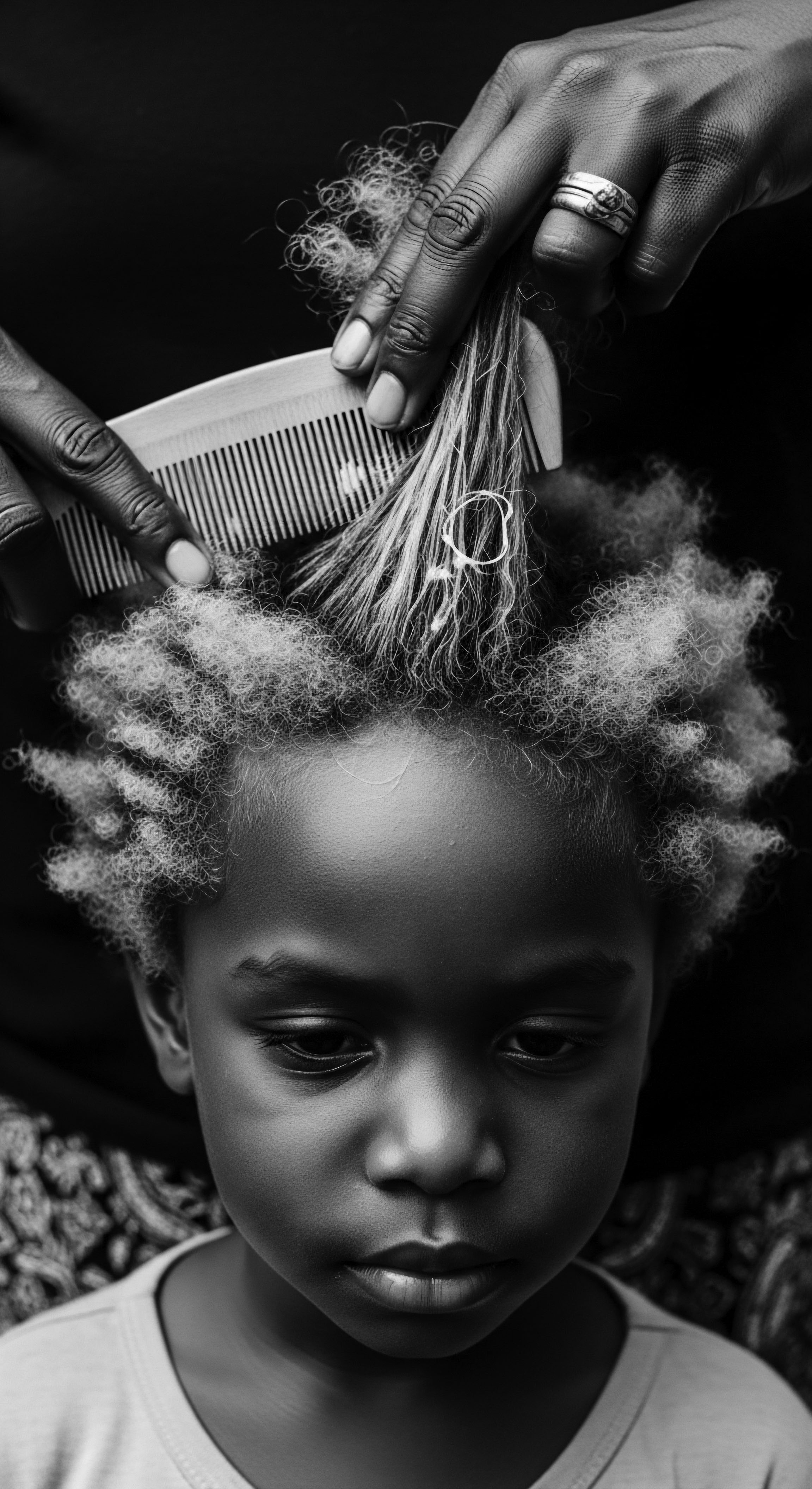 Combing a Child’s Afro-Textured Hair Heritage and Hair Care Rituals In a study of black and white, a moment of afro-textured hair care is captured. The ritual of combing becomes a symbol of generational ties, ancestral heritage, and the nurturing aspects of grooming tightly coiled strands into expressive formations.