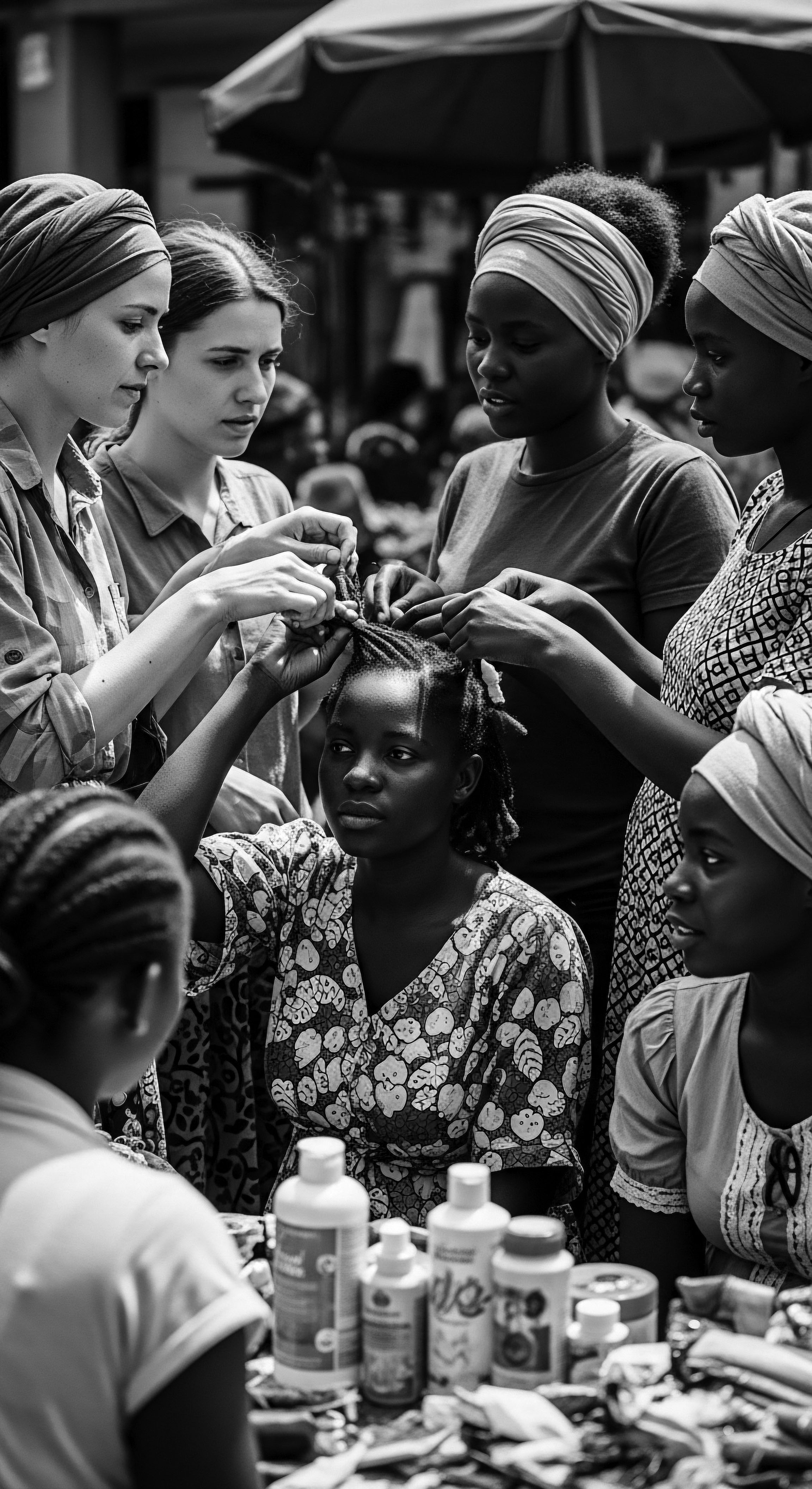 Community Braiding Session Textured Hair Heritage Diverse Hands Holistic Wellness Community converges in this timeless frame, hands weaving a legacy into textured hair patterns, showcasing heritage and embracing the natural beauty, while bottles of products emphasize wellness and celebration of Black hair traditions. Expressive artistry blooms, affirming identity and ancestral connection.