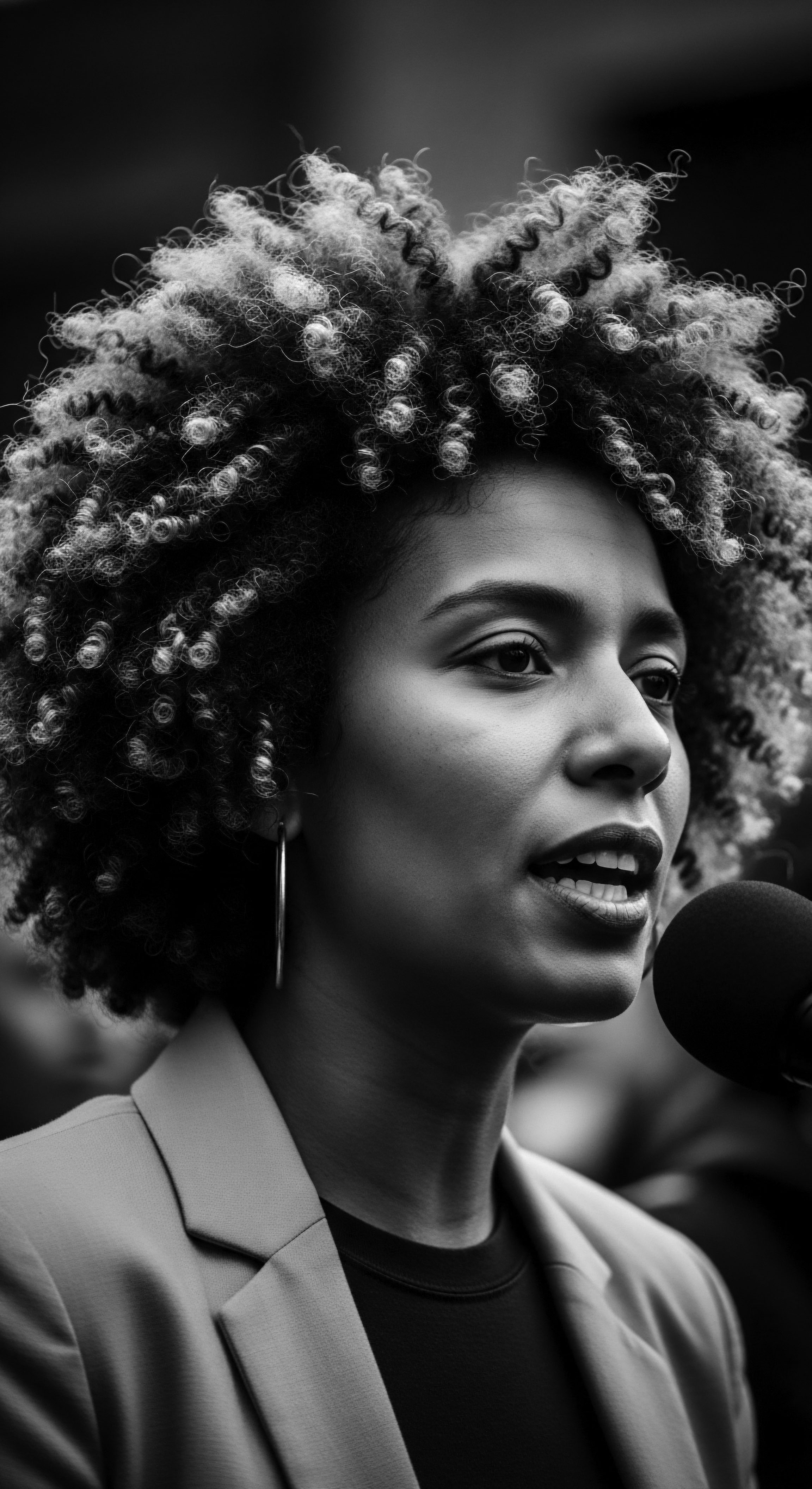 Confident Woman Speaks at Microphone Textured Coiled Hair Portrait Black and White This expressive black and white portrait captures a confident woman addressing a crowd, her voice amplified by the microphone, while radiant skin and textured coils become symbols of resilience and identity. The image suggests a fusion of self-expression and ancestral heritage, amplified through natural hair celebration.