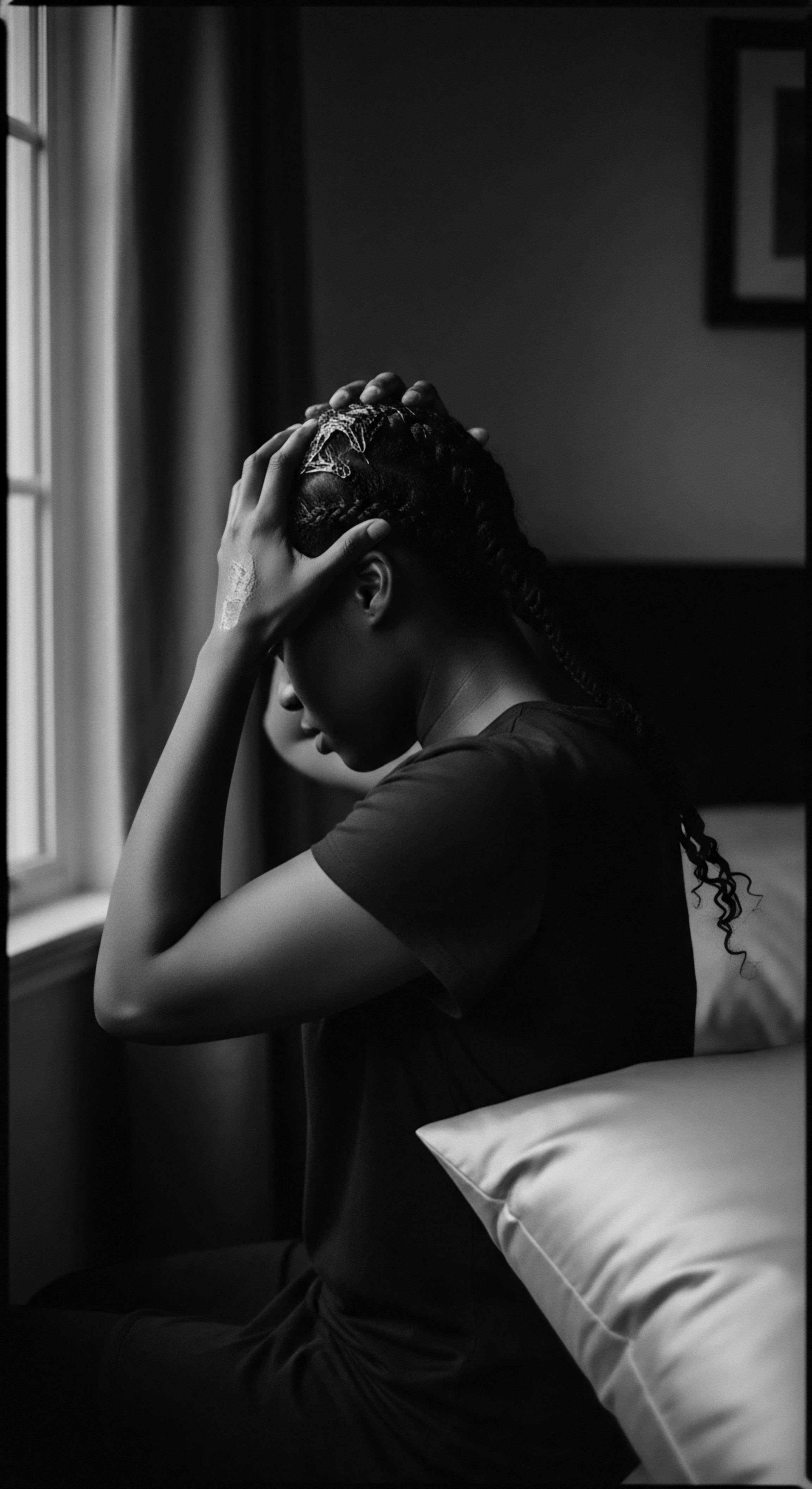 Contemplative Black Woman Hands Framing Braided Textured Hair Near Window Gentle hands caress coiled braids, a tender gesture of self-care illuminated by window light, creating a moment of reflection. The stark monochrome palette highlights the beauty of textured hair, inviting contemplation on ancestral heritage and the intimate connection between identity and holistic hair care practices.