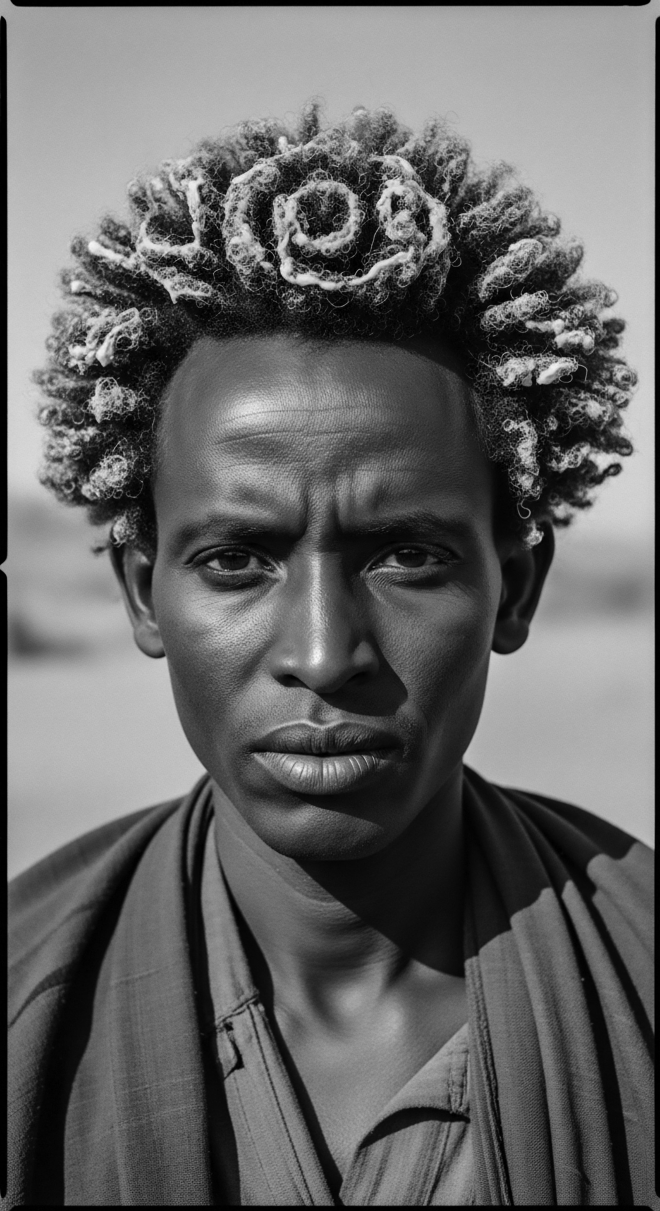 Contemplative Portrait Of Man With Patterned Textured Hair And Intense Gaze The introspective gaze and intricately patterned coils of highlighted textured hair communicate a powerful story of cultural heritage. The detailed portrait captures the essence of identity. This is framed by soft light which evokes a sense of contemplation and profound connection to ancestral roots.