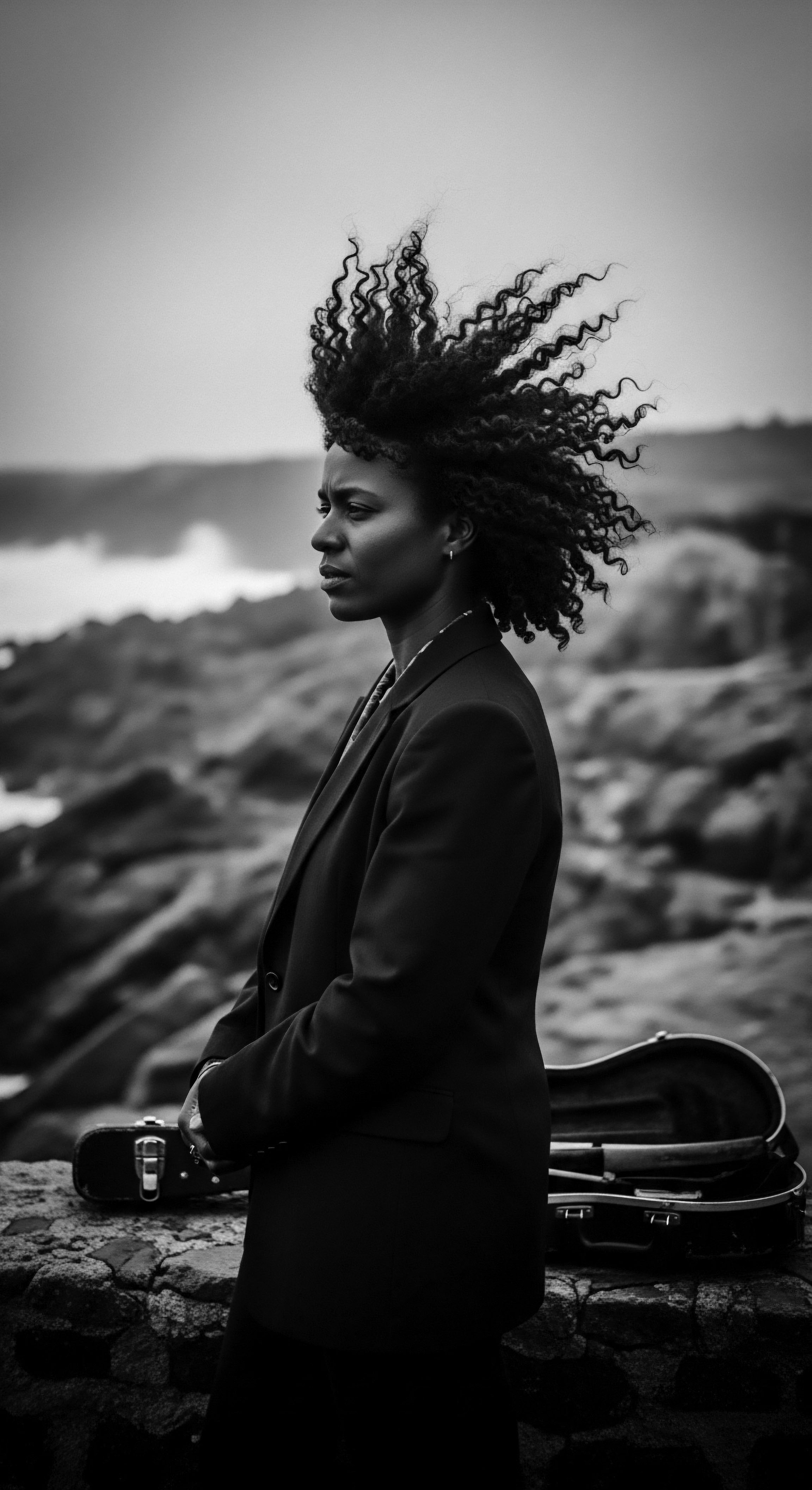 Contemplative Woman with Afro Hairstyle on Rocky Coast in Black and White Standing with poised strength, the windswept woman against the stark coastal backdrop embodies a blend of resilience and artistry, the dramatic lighting accentuating the striking contrast and the afro's gravity-defying coils while her cello case hints at music's potential to bridge the space between inner emotion and wild nature.