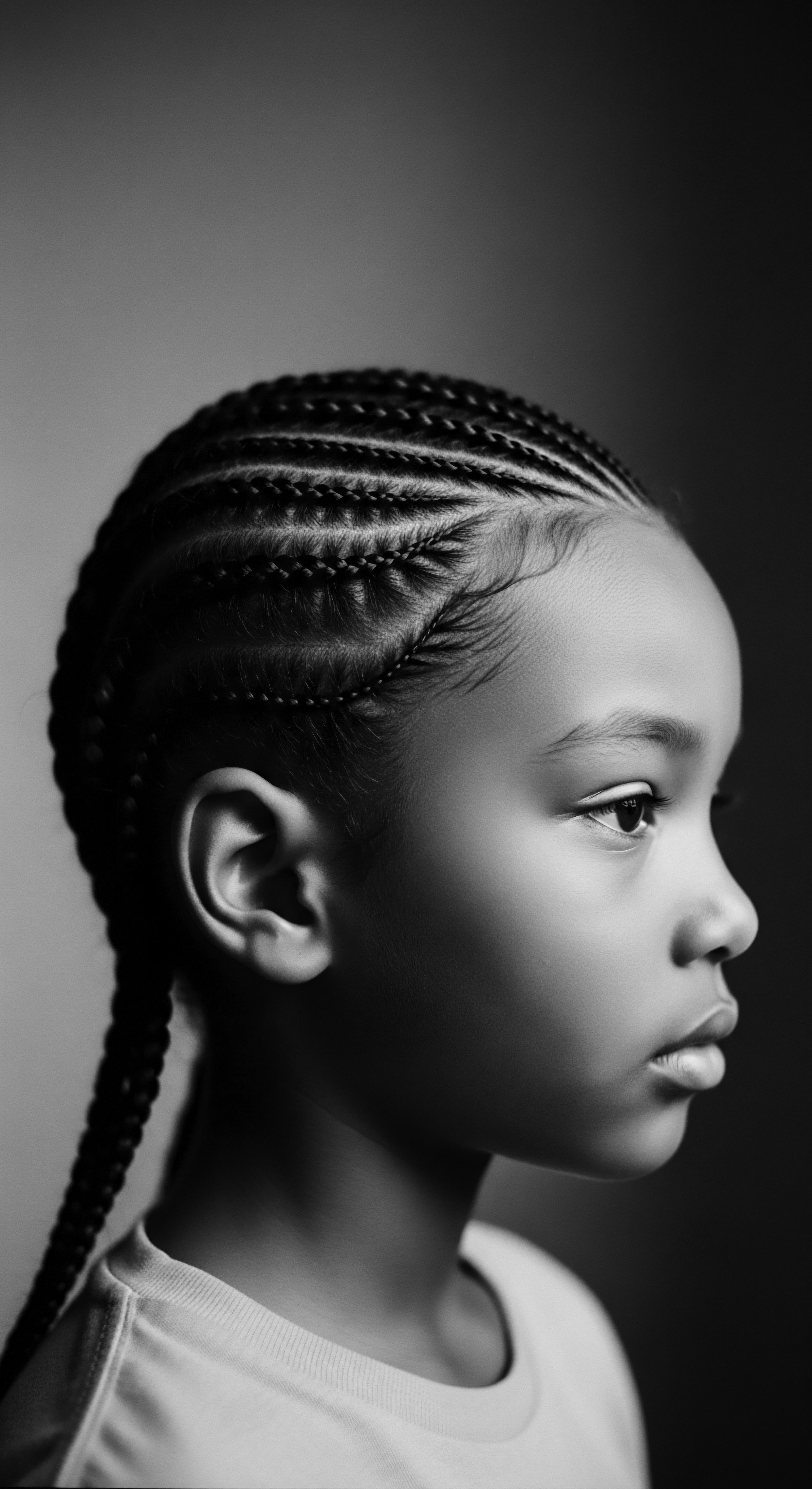 Cornrow Braids on Young Black Girl Showcasing Scalp Health and Shine The elegant cornrow braids demonstrate a legacy of ancestral braiding, showcasing scalp health through strategic hair part placement, emphasizing the cultural significance of protective styles, hair density considerations, and low manipulation practices to support healthy textured hair growth rooted in natural hair traditions.