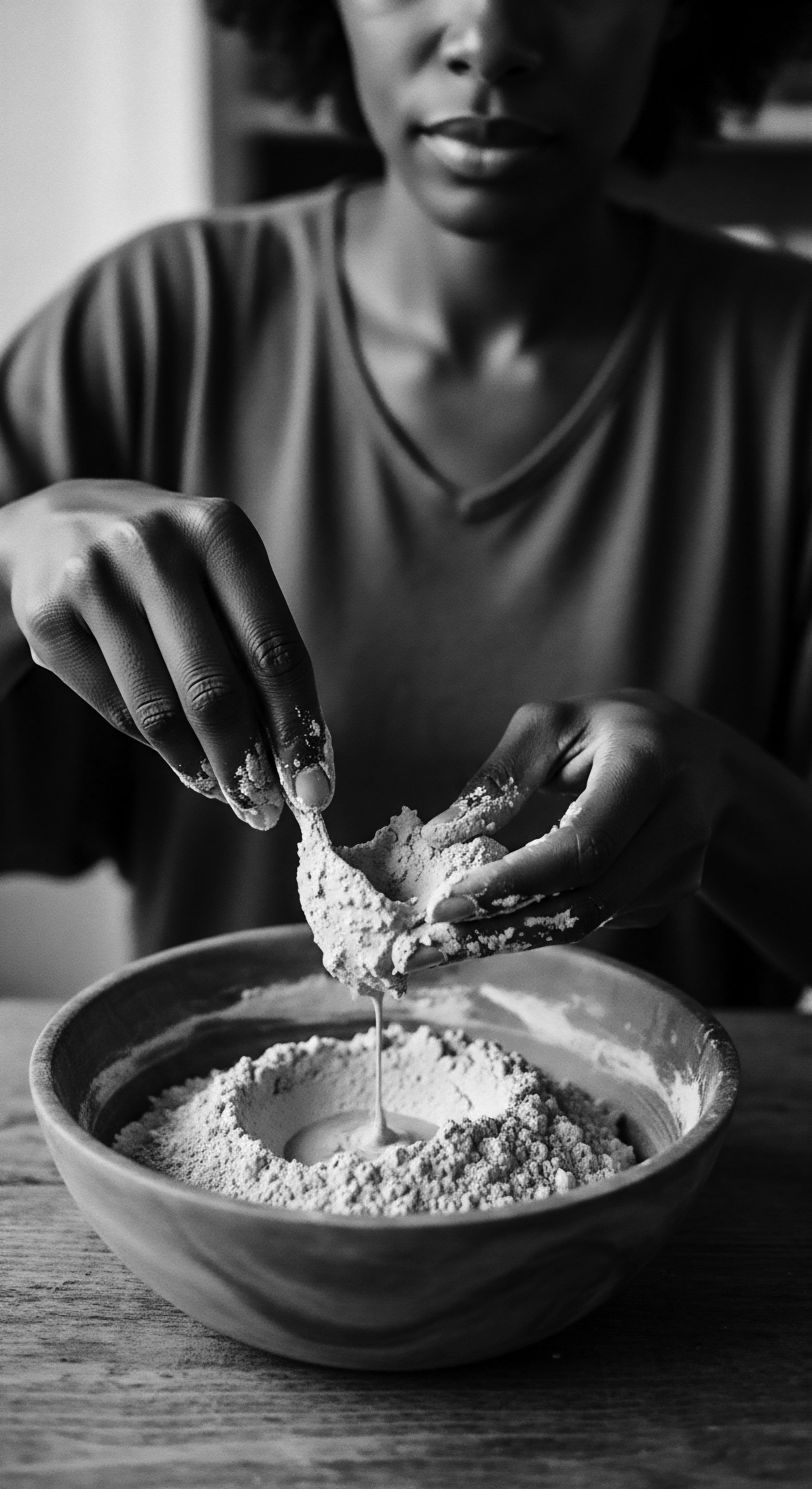 Crafting Dough Hands Deep Textured Hair Legacy Flour Dust Black and White The baker’s flour-dusted hands reflect time-honored food preparation, linking generations through shared wellness practices. This black-and-white image evokes a quiet moment of creation while simultaneously celebrating the nourishment, ancestral identity, and expressive creativity embodied by mindful craftsmanship.