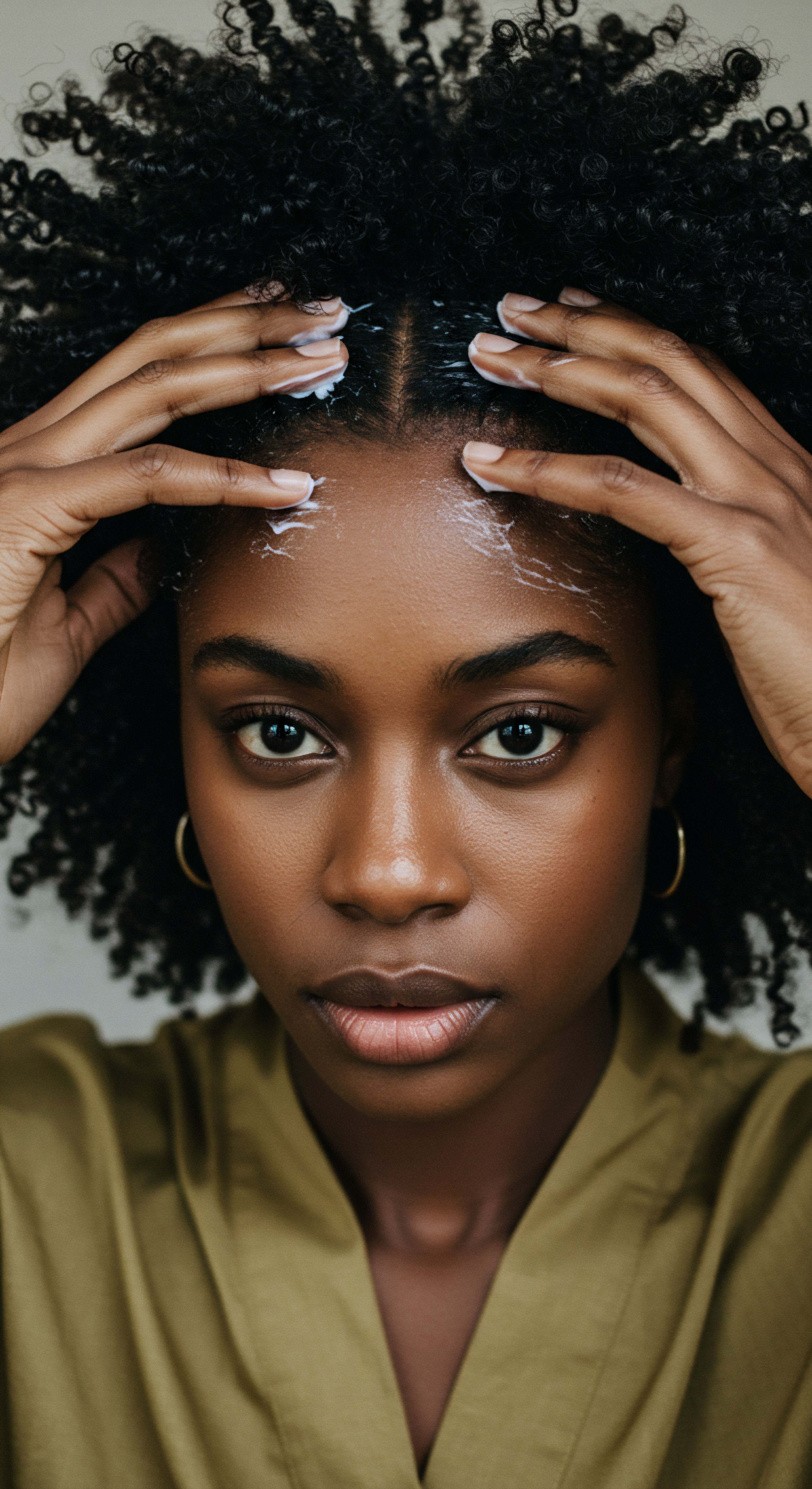 A deep-skinned woman actively applies a moisturizing cream to her coily hair and scalp for hairline definition. This crucial Black hair care step ensures hydration, optimal scalp health, and strengthens her natural textured pattern, celebrating ancestral care practices.
