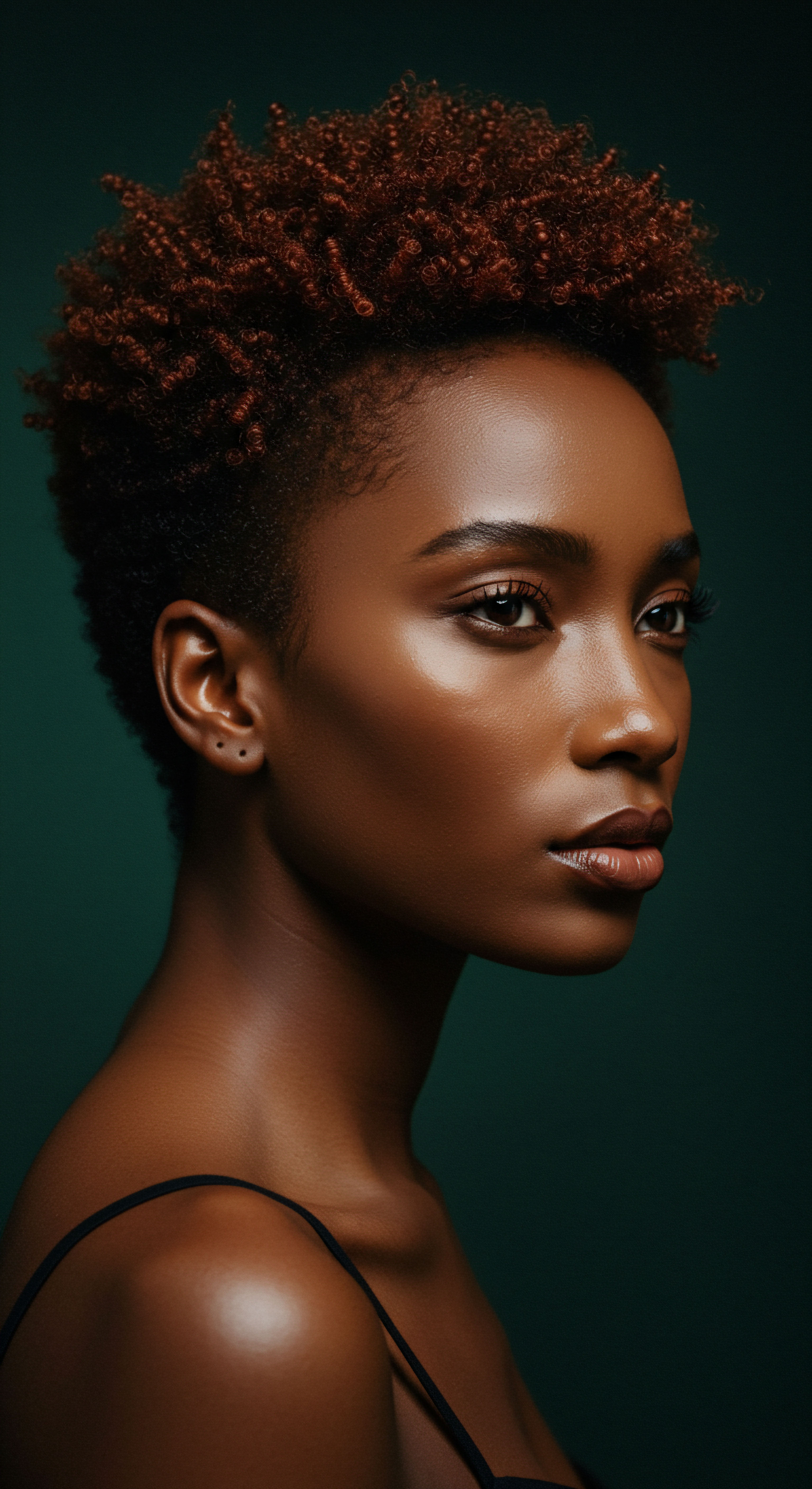 Deep Auburn Coily Pattern Care Demonstrates Textured Hair Resilience This evocative portrait celebrates authentic beauty, highlighting her highly-textured, deep auburn hair’s defined coily patterns. Her luminous melanin-rich complexion reflects comprehensive hydration. This imagery affirms advanced hair care, scalp nourishment, and protective styling techniques that honor self-expression and rich cultural heritage.