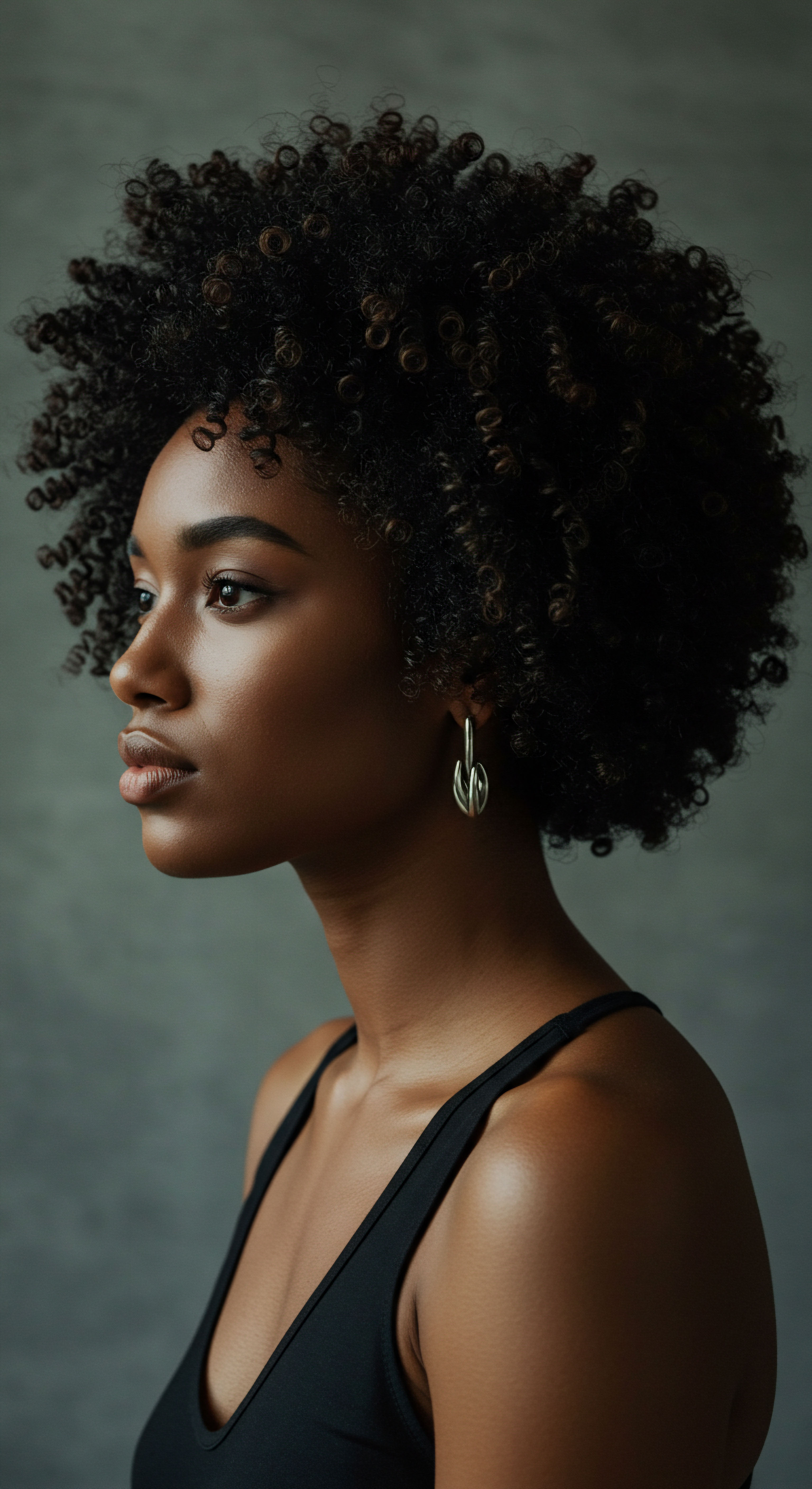 Deep Hydration For Voluminous Coily Hair Promoting Natural Texture Beauty This side profile captures exquisite coily texture radiating health and vitality, a testament to porosity management and deep conditioning. Her high-definition hair pattern and rich skin tone beautifully reflect ancestral haircare principles. Embodying natural movement through meticulous styling and moisture balance, she celebrates unique heritage and self-nourishment.