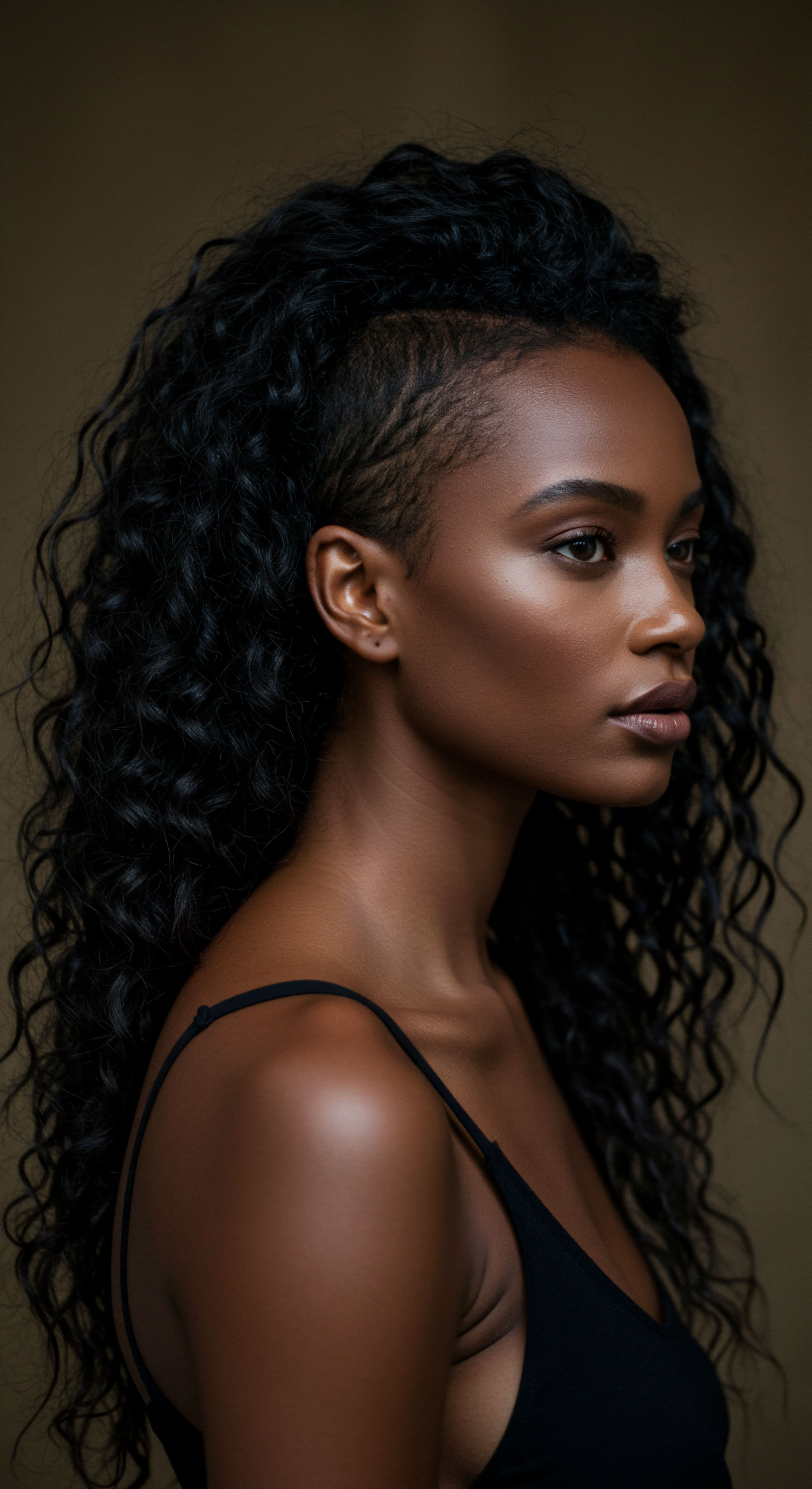 Deep Melanin Skin Textured Hair Undercut Styling Heritage Expression Her healthy, low-porosity textured hair boasts defined springy spirals, a testament to intentional moisturizing regimens and consistent strand care. This vibrant natural pattern, with a sharp undercut and sculpted edge definition, exemplifies bold contemporary styling, celebrating rich heritage and cultural affirmation for melanin-rich hair.