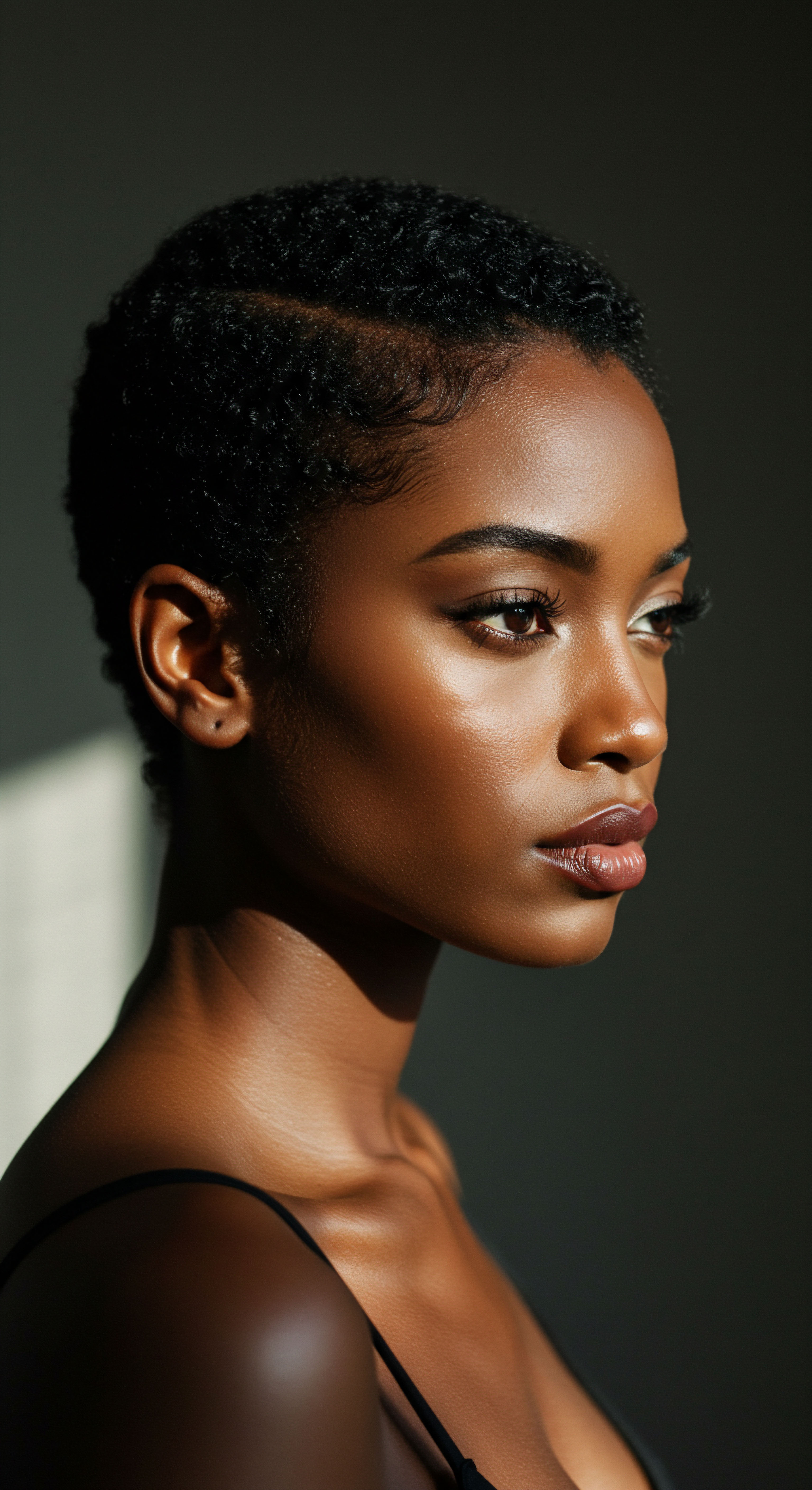 Deeply Hydrated Black Hair Styling A Defined Textured Pattern A radiant portrait highlights a Black woman's exquisitely styled textured hair. Her healthy low-porosity coil pattern shines with optimal hydration and pattern definition. This showcases diligent hair care practices and proud styling heritage, symbolizing remarkable hair resilience.