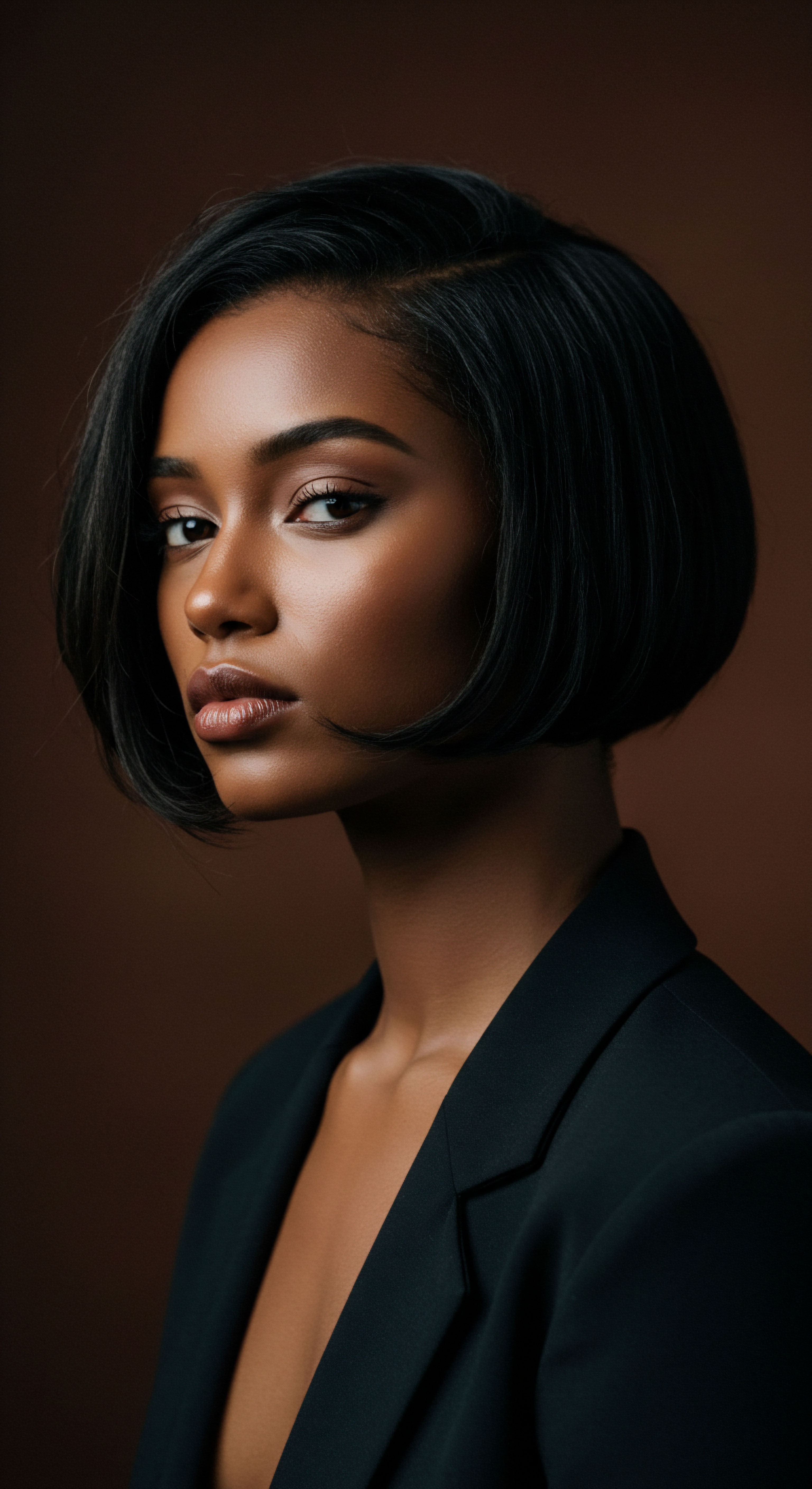 Deeply Nourished Silken Texture Hair Legacy Styling Expertise Sleek, silken black hair on a model, radiating deep hydration and skin barrier integrity on melanin-rich skin. This showcases expert styling, sophisticated care, and versatile Afro-heritage hair patterns, reflecting a premium beauty regimen that embodies elegance.