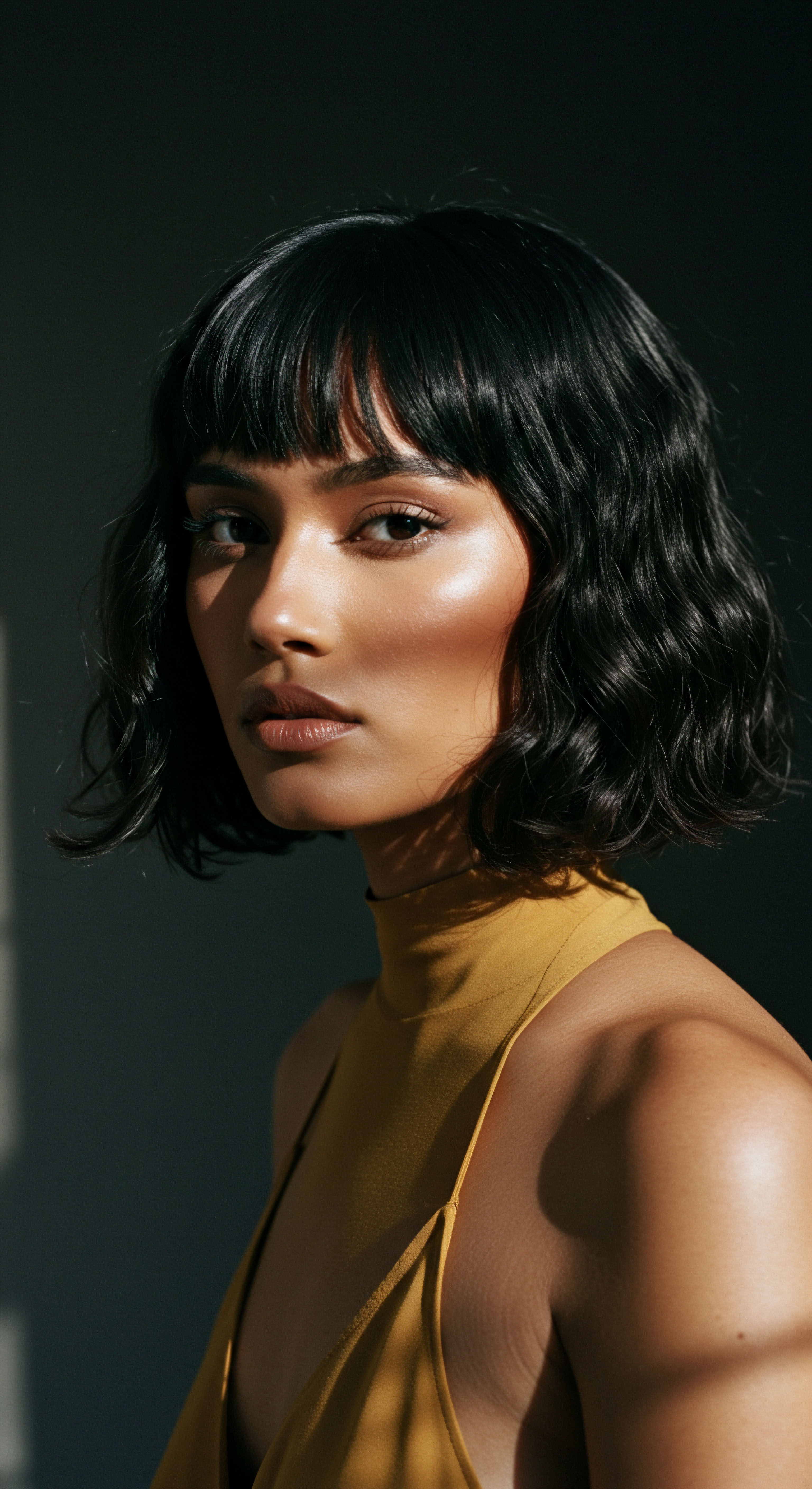 Defined Black Textured Hair Achieving Coiled Pattern Hydration and Styling This captivating portrait showcases black textured hair its exquisite wavy pattern defines a sophisticated bob. Expert styling provides brilliant sheen and optimal hydration. A sleek fringe highlights facial structure, embodying diligent care, celebrating hair heritage, and showcasing the natural pattern versatility of mixed-race hair.