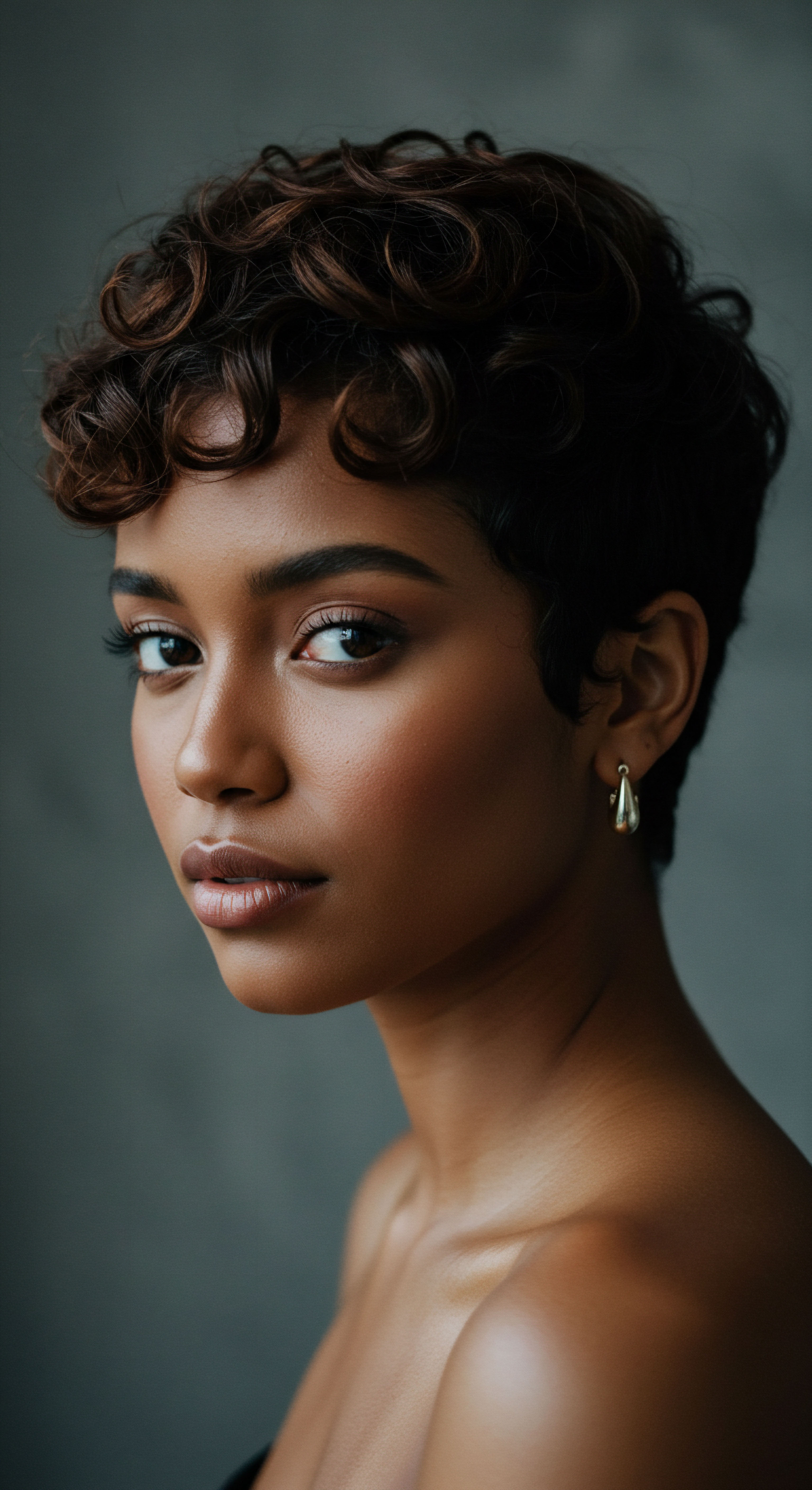 Defined Coil Pattern Styling Mixed-Race Textured Hair Heritage Care A captivating portrait of a mixed-race individual displaying radiant melanin-rich skin and vibrant, defined coil patterns. This showcases exceptional strand strength resulting from dedicated hair care and advanced styling techniques, embodying a rich hair heritage and fostering comprehensive hair wellness.
