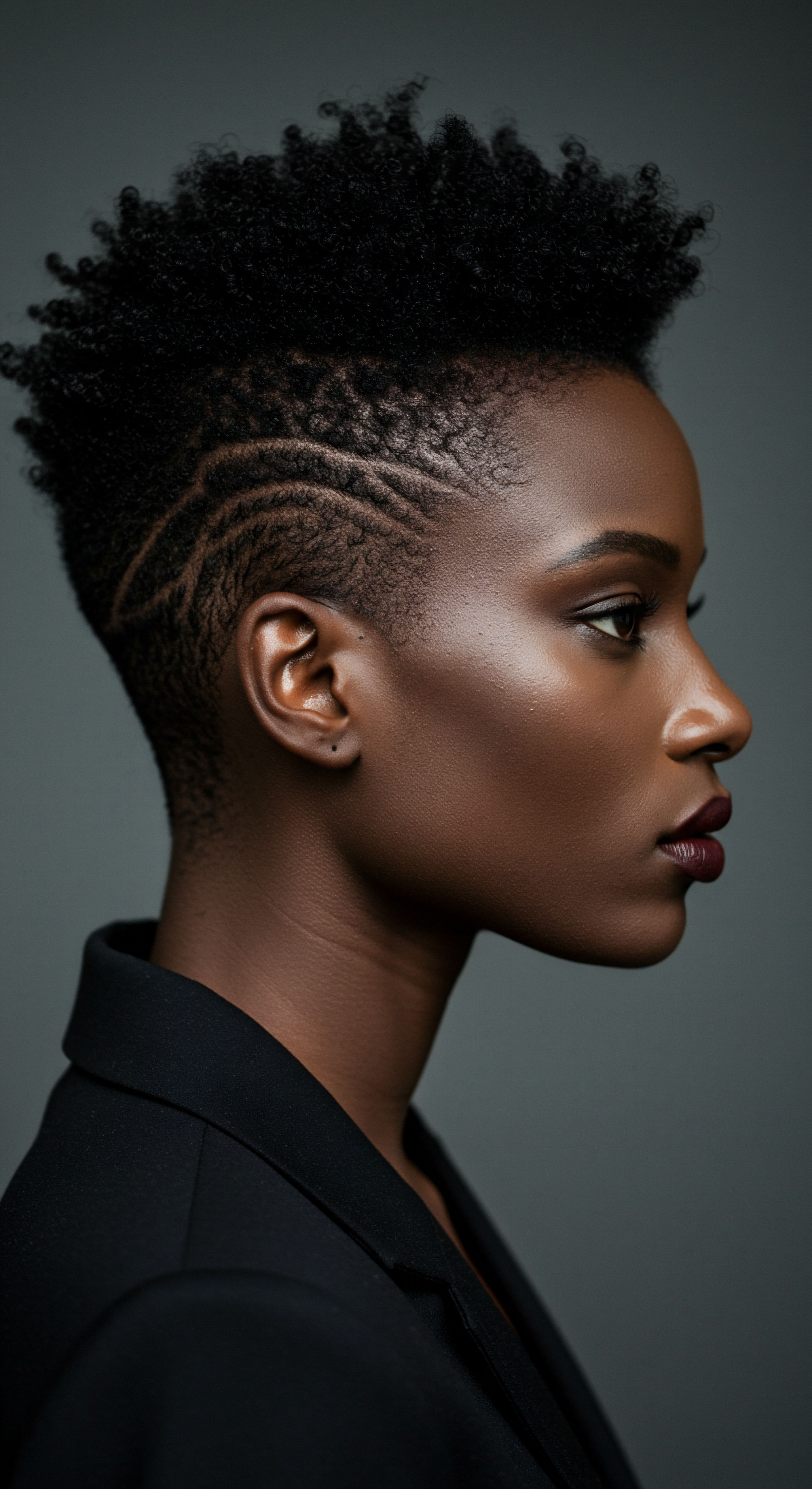 Defined Coily Hair And Artistic Temple Etchings A Styling Statement Showcasing the artistry of textured hair, this portrait features intricate precision styling and a flawless complexion, embodying dedicated care. The sharp temple patterns underscore meticulous barbering expertise, celebrating identity and the inherent strength of natural coily hair and its profound cultural heritage.