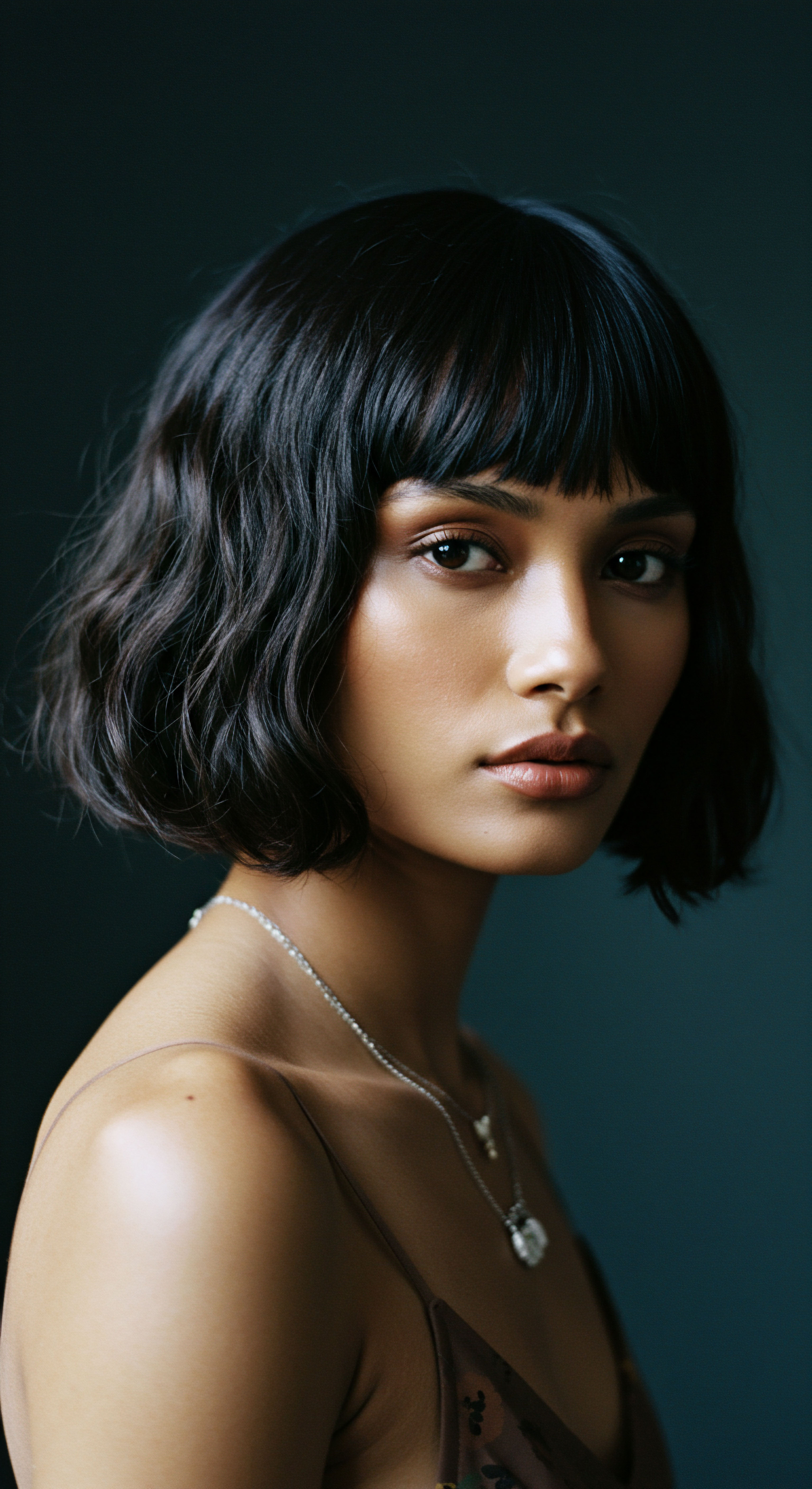 Defined Texture Bob Styling for Heritage and Health Care Embracing multi-pattern textured hair, this elegant bob showcases intentional styling and dedicated care for exceptional strand elasticity. The sophisticated cut, including a well-defined fringe, embodies cultural heritage while enhancing the hair's natural sheen and structural resilience. A testament to holistic hair wellness.
