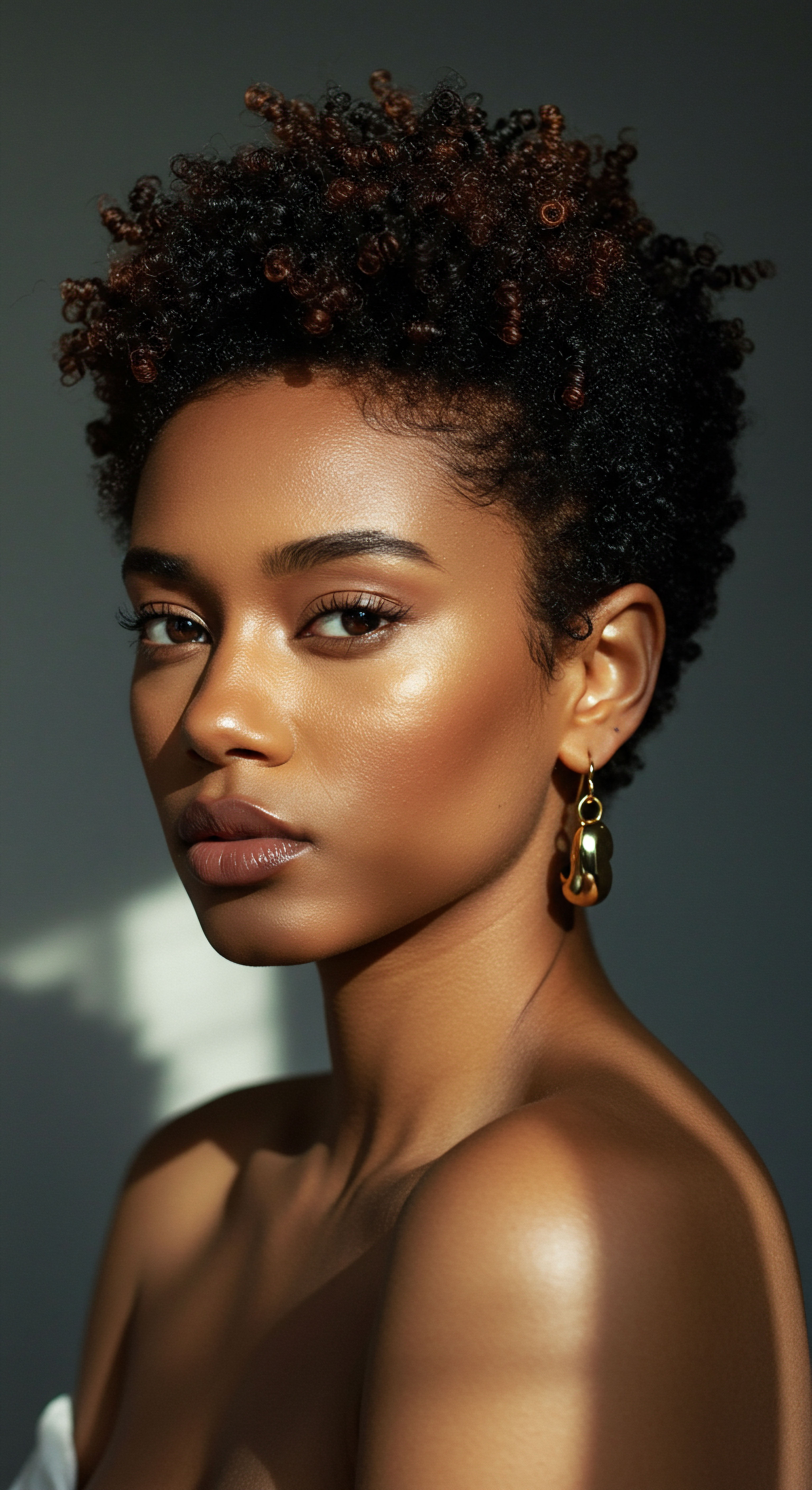 Defining Coily Hair Pattern Health and Natural Styling Radiance This compelling portrait celebrates the richness of Afro-beauty heritage through meticulously maintained coily hair. High-density strands with remarkable helix patterns display superb definition and innate texture resilience. Her natural styling signifies dedicated hair care, achieving peak hydration and optimal moisture balance from a specialized regimen that accentuates each exquisite spring.