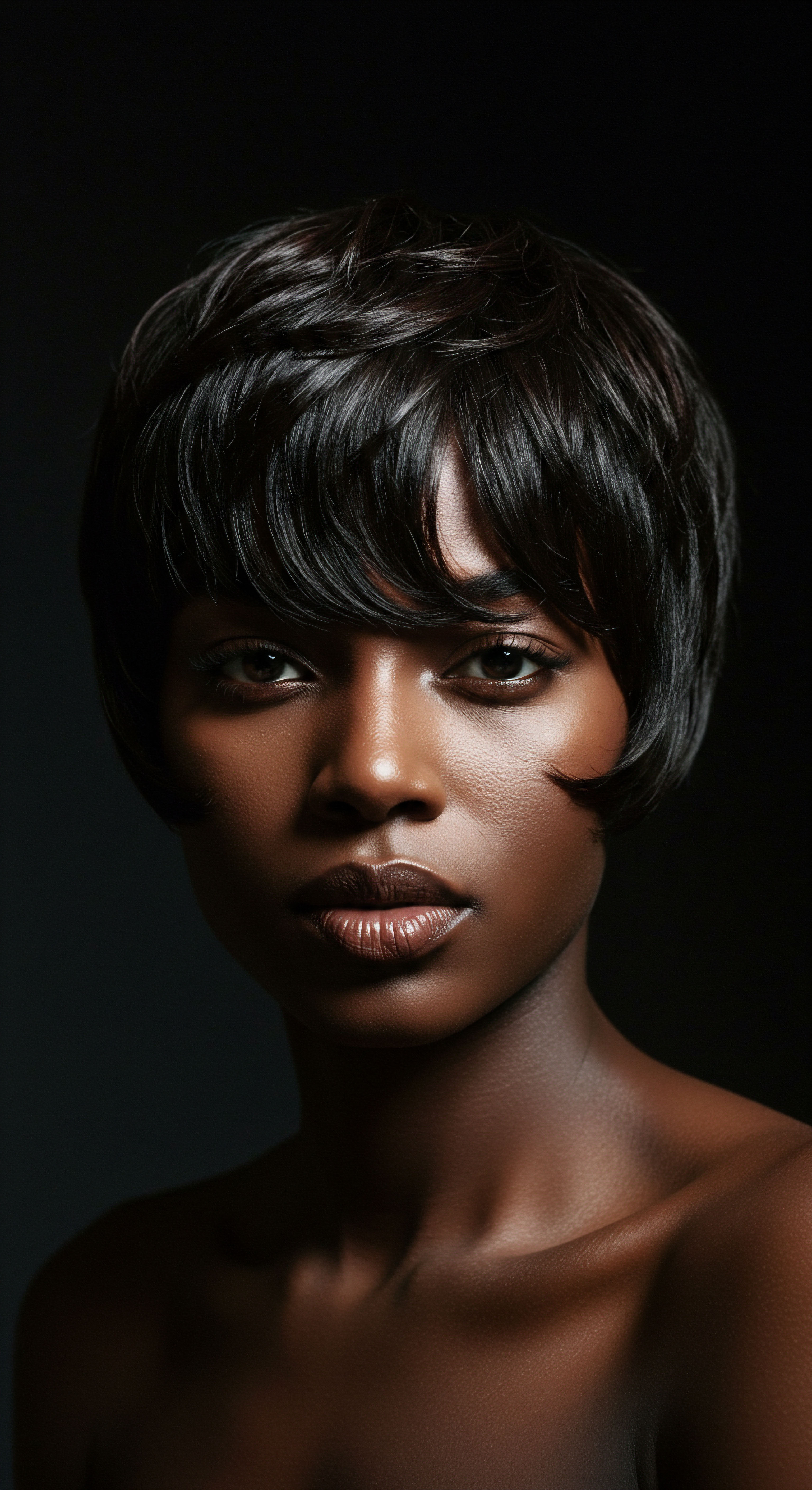 Defining Textured Hair Coils Expert Black Hair Styling Heritage This compelling portrait reveals meticulously shaped, deeply nourished textured hair. The sleek, precise haircut highlights uniform patterns and healthy sheen. Her radiant melanin-rich skin exemplifies excellent moisture retention from dedicated hair care and scalp health practices, celebrating ancestral styling expertise and identity.