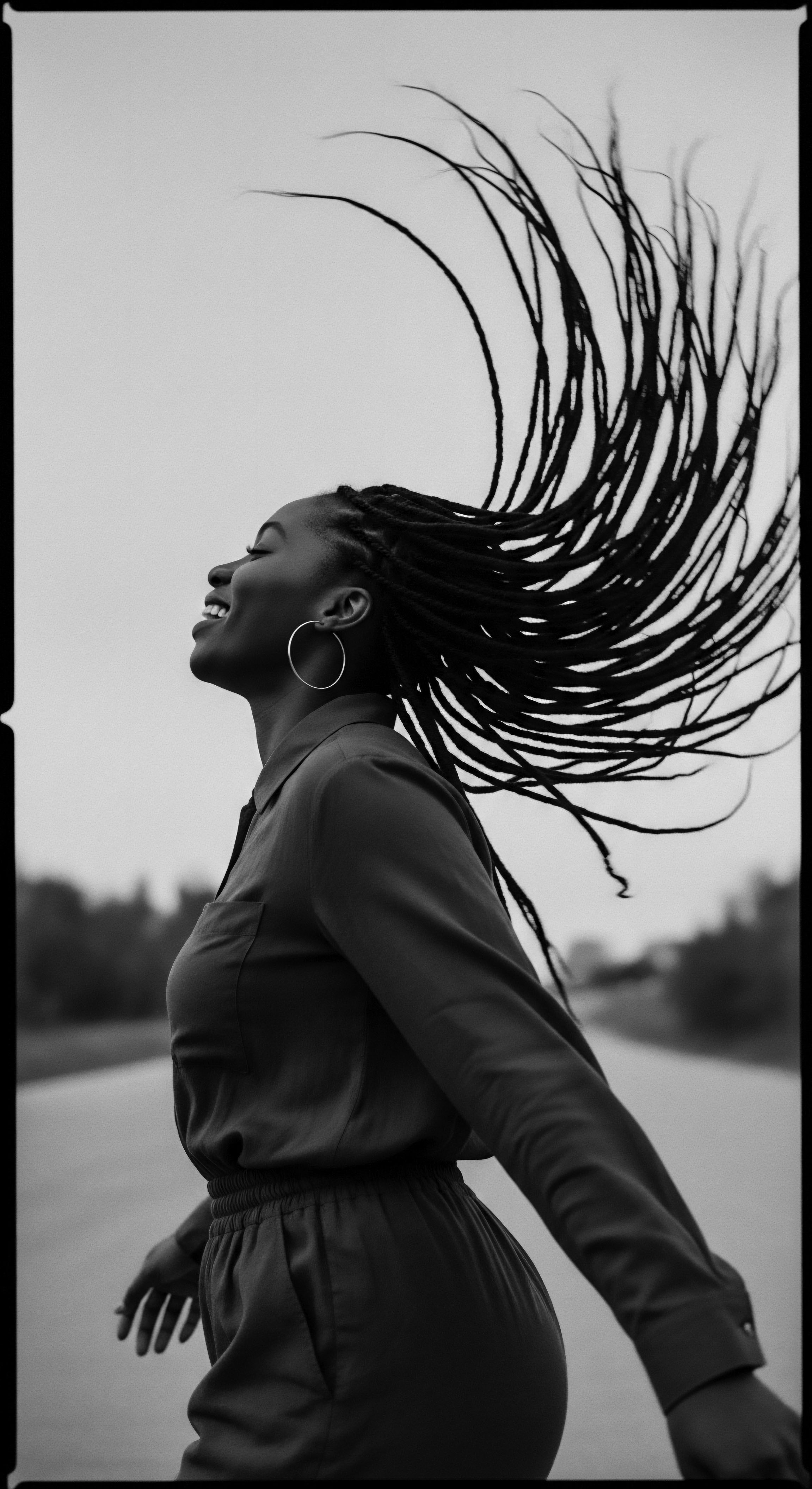 Ebony Woman Radiating Joy with Braided Hair Freedom Movement on Road The graceful arc of braided extensions against a grayscale backdrop speaks volumes, a Black woman embodies freedom and joy. This evocative image celebrates textured hair as a canvas for identity, strength, and cultural affirmation, radiating an indomitable spirit that connects ancestral heritage with her unique expressive styling.